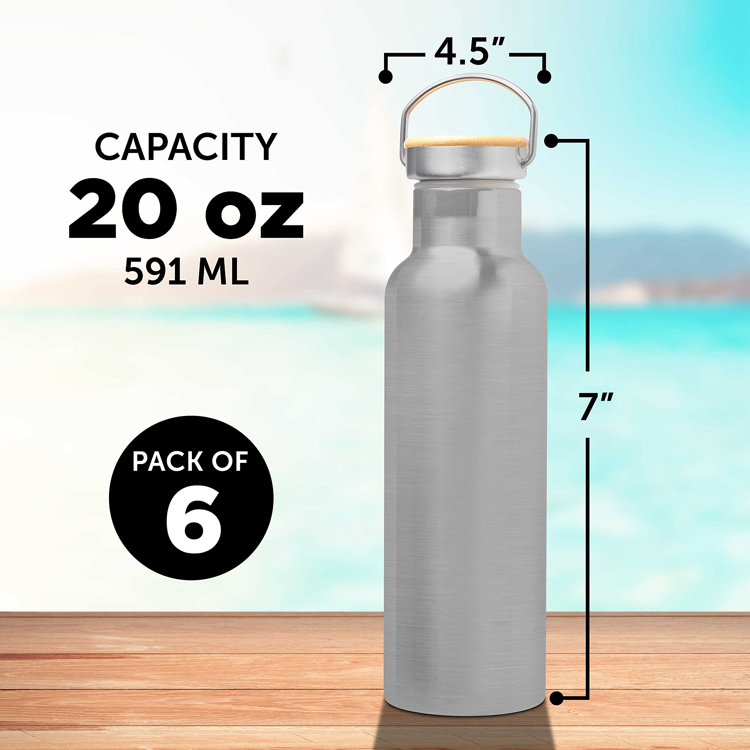 6-Pack Stainless Steel Water Bottles with Wooden Lid - 20oz Double Wall Insulated, BPA-Free, Leak Proof (Silver) - Perfect for Gym, Hiking, Office & Travel