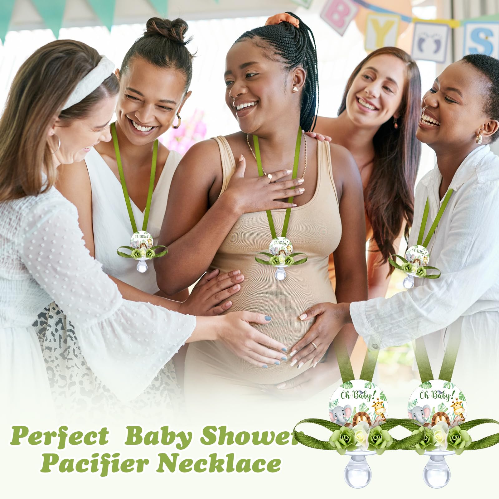 Quelay 60 Pcs Baby Shower Pacifier Necklace Set - Cute Jungle Animal Acrylic Pacifiers with Floral Designs for Baby Shower Decorations, Party Favors & Table Centerpieces - Perfect for Baby Showers, Gender Reveals & Newborn Celebrations