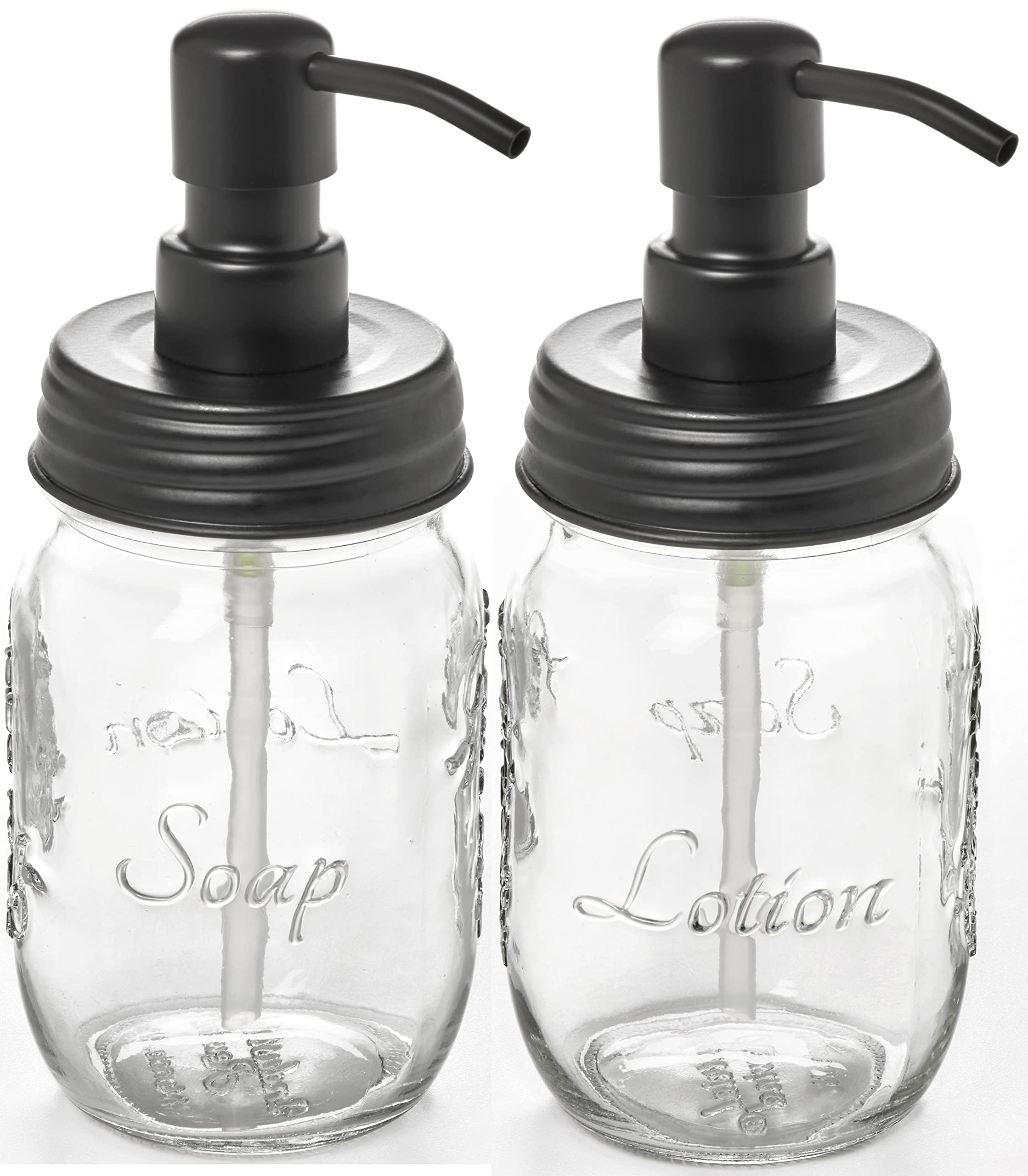 Black Mason Jar Soap Dispenser with Pump - 16oz Hand Sanitizer & Lotion Dispenser Set of 2 - Includes Non-Slip Coaster - Perfect for Bathroom, Kitchen, or Office Decor - Glossy Finish Liquid Soap & Body Lotion Container