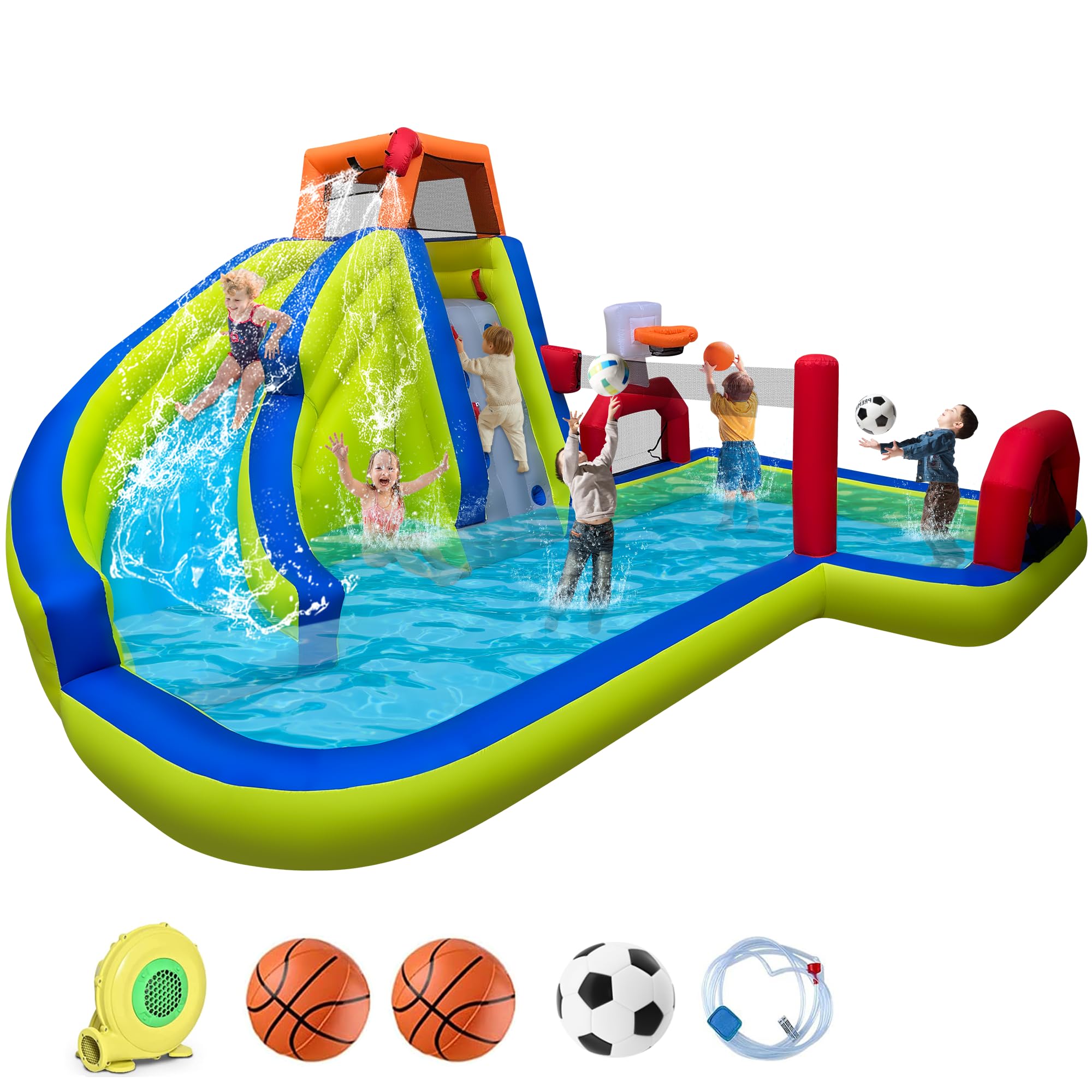 **RETRO JUMP Inflatable Water Slide - 8-in-1 Kids Water Park Bounce House with Slide, Splash Pool, Climbing Wall, Basketball Rim, Soccer Field & Volleyball Area - Includes Blower - Perfect for Backyard, Summer Parties & Outdoor Fun**
