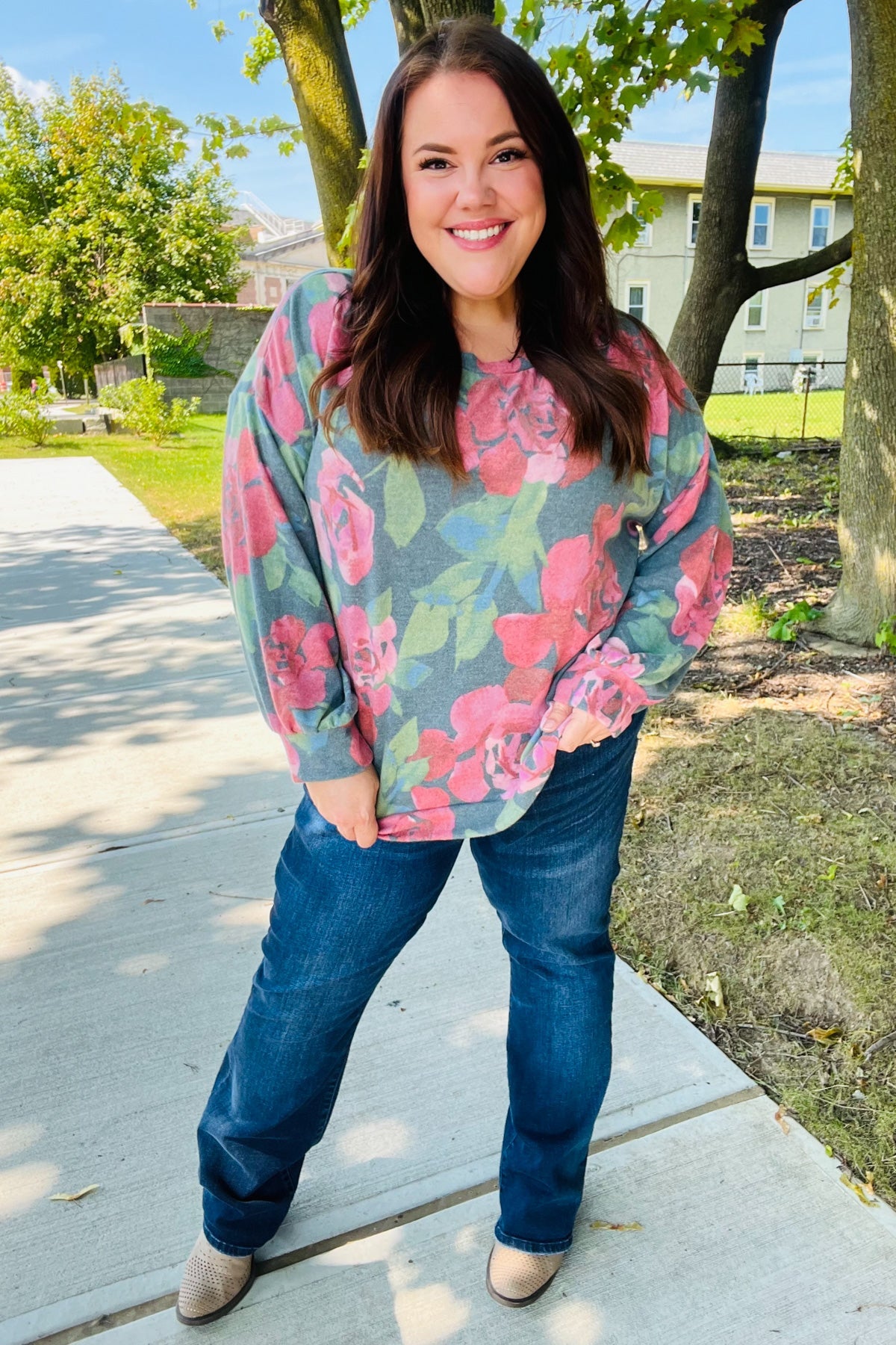 Everyday Hunter Green Floral Brushed Hacci Sweater Top for Women - Cozy Casual Knit Pullover for Fall & Winter Outfits | Perfect for Office, Dates & Weekend Wear