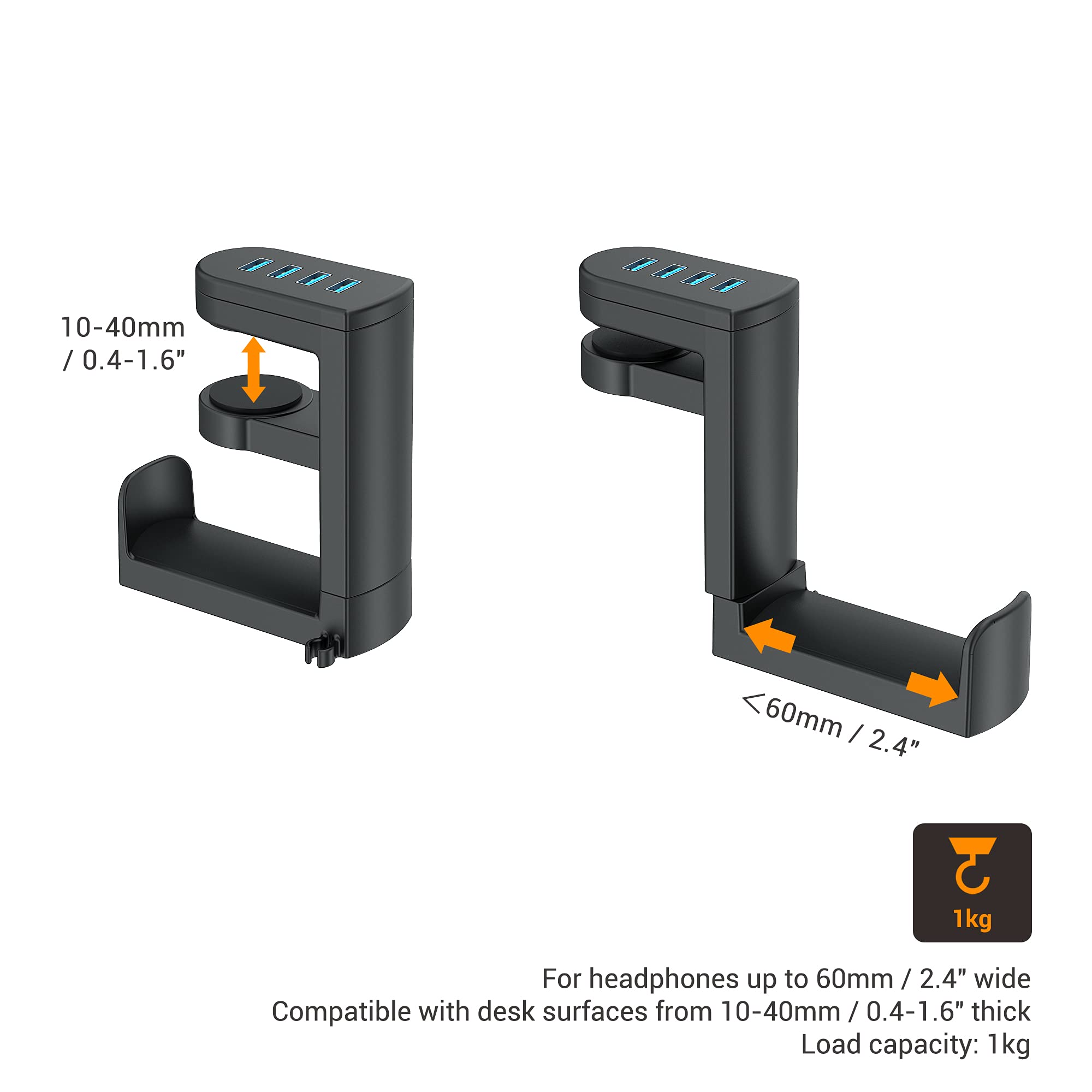 Kiorafoto 2-in-1 Under Desk Headphone Hook & 4-Port USB 3.0 Hub - 360° Rotating Gaming Headset Stand with High-Speed Data Transfer for PC, Laptop, and Multiple Devices | Perfect for Home Office, Gaming Setup, and Workspace Organization