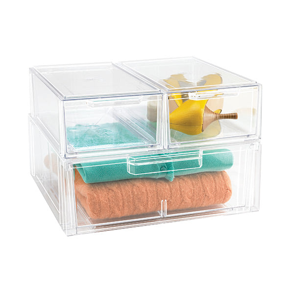 Clear Stackable Plastic Drawers for Organizing - 3 Sizes (Small, Medium, Large) - Perfect for Home Office, Bedroom, and Closet Storage