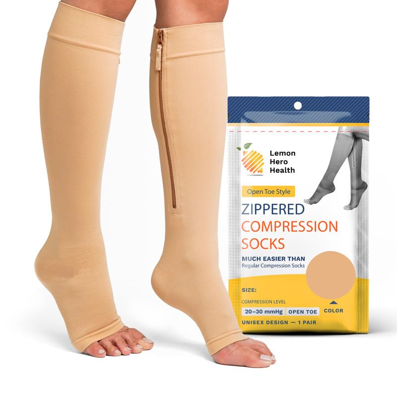 Open Toe Compression Socks for Women & Men - 20-30 mmHg Medical Grade Toeless Stockings with Zipper | Improves Blood Circulation, Reduces Pain & Swelling | Perfect for Nurses, Travelers & Athletes | XL-Short Size in Beige (1 Pair)