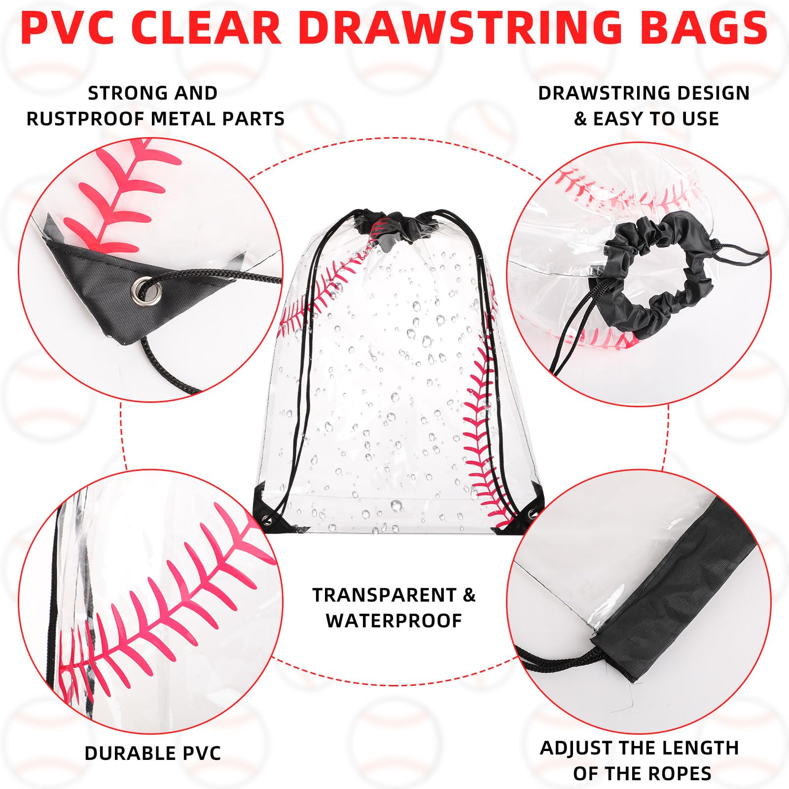 Cholemy 12 Pack Clear Plastic Drawstring Backpacks 17x13 Inch - Waterproof Baseball Gift Bags, Party Favors & Goodie Bags for Sports Events, Gym, Stadium Games & Team Celebrations - Perfect for Baseball Gifts, Team Snacks & Event Giveaways
