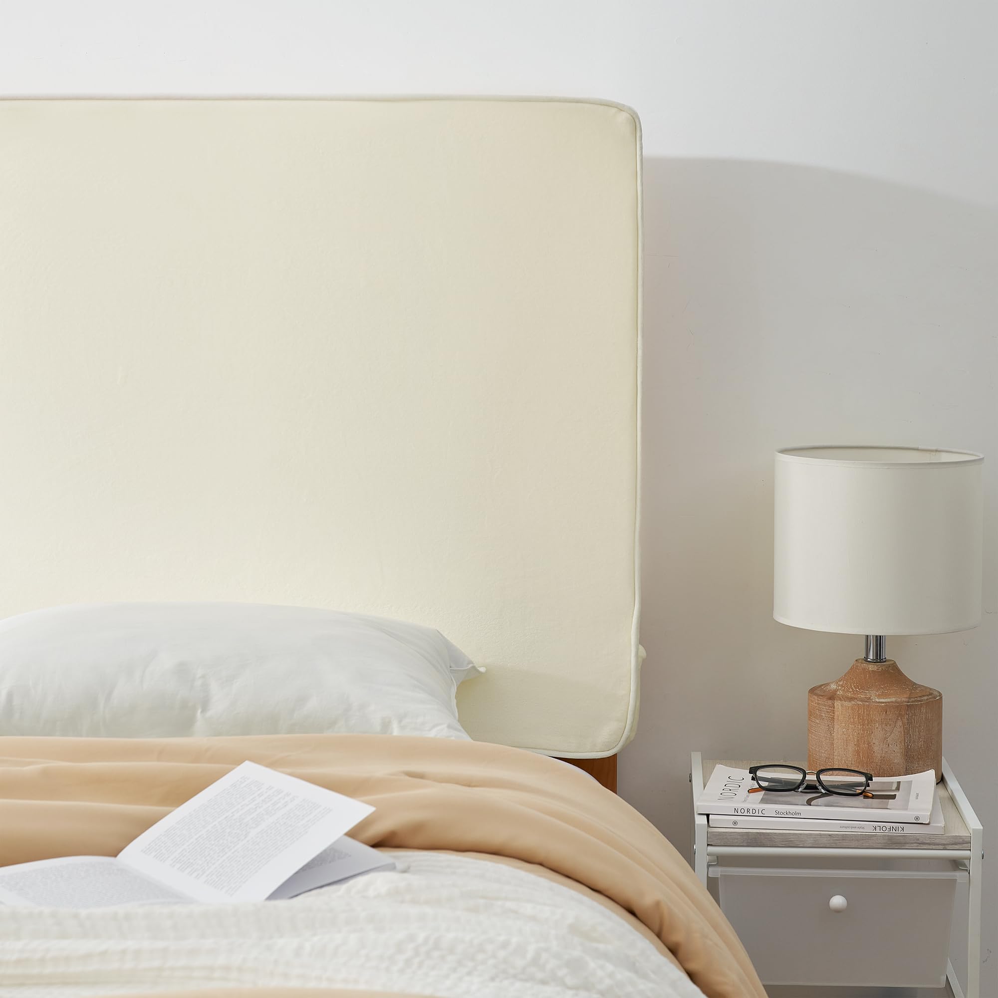 Rainha Cushioned Dorm Headboard - Soft Almond Milk Velvet Upholstered Bed Headboard for College Dorm, Bedroom & Apartment Decor