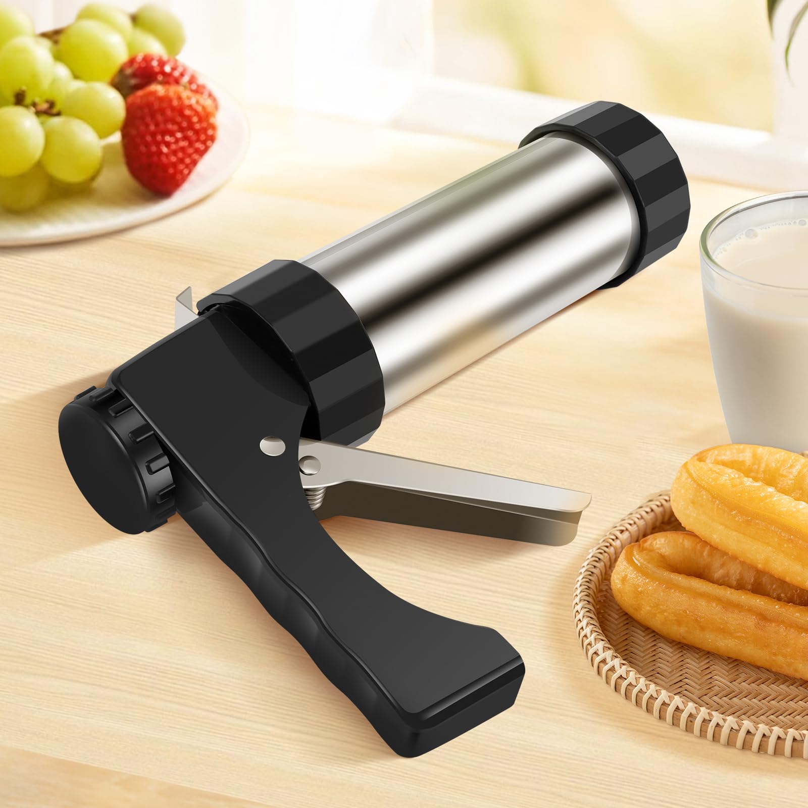 Stainless Steel Churro Maker Machine Kit with 3 Nozzle Tips & Piping Bag - Easy to Clean Hollow Churro Gun with Sponge Brush - Perfect for Home Baking, Parties, and Spanish Dessert Making