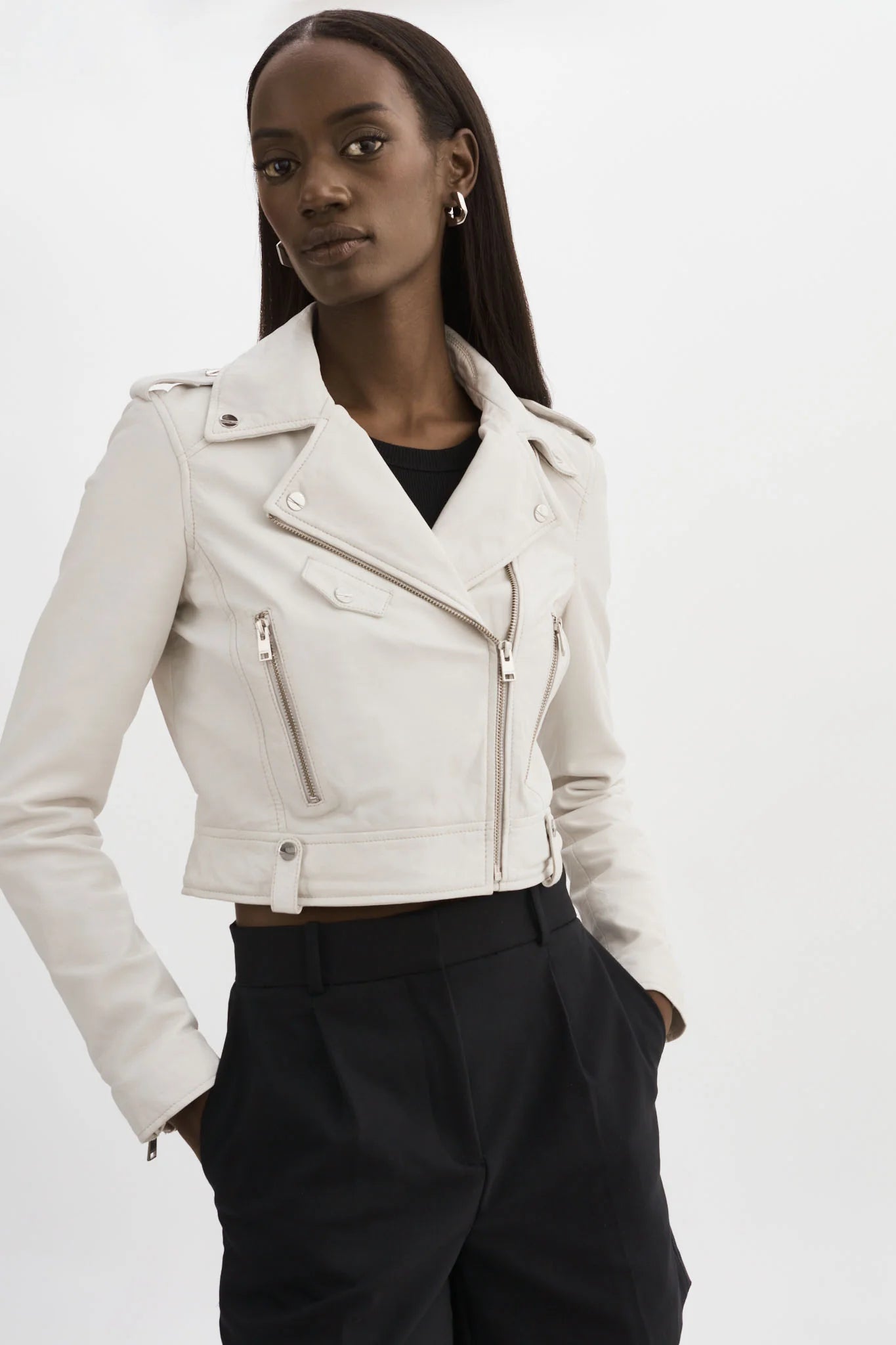 Ciara Faux Leather Crop Moto Jacket for Women - Stylish White Biker Jacket - Perfect for Motorcycle Riding, Night Out & Fall Fashion