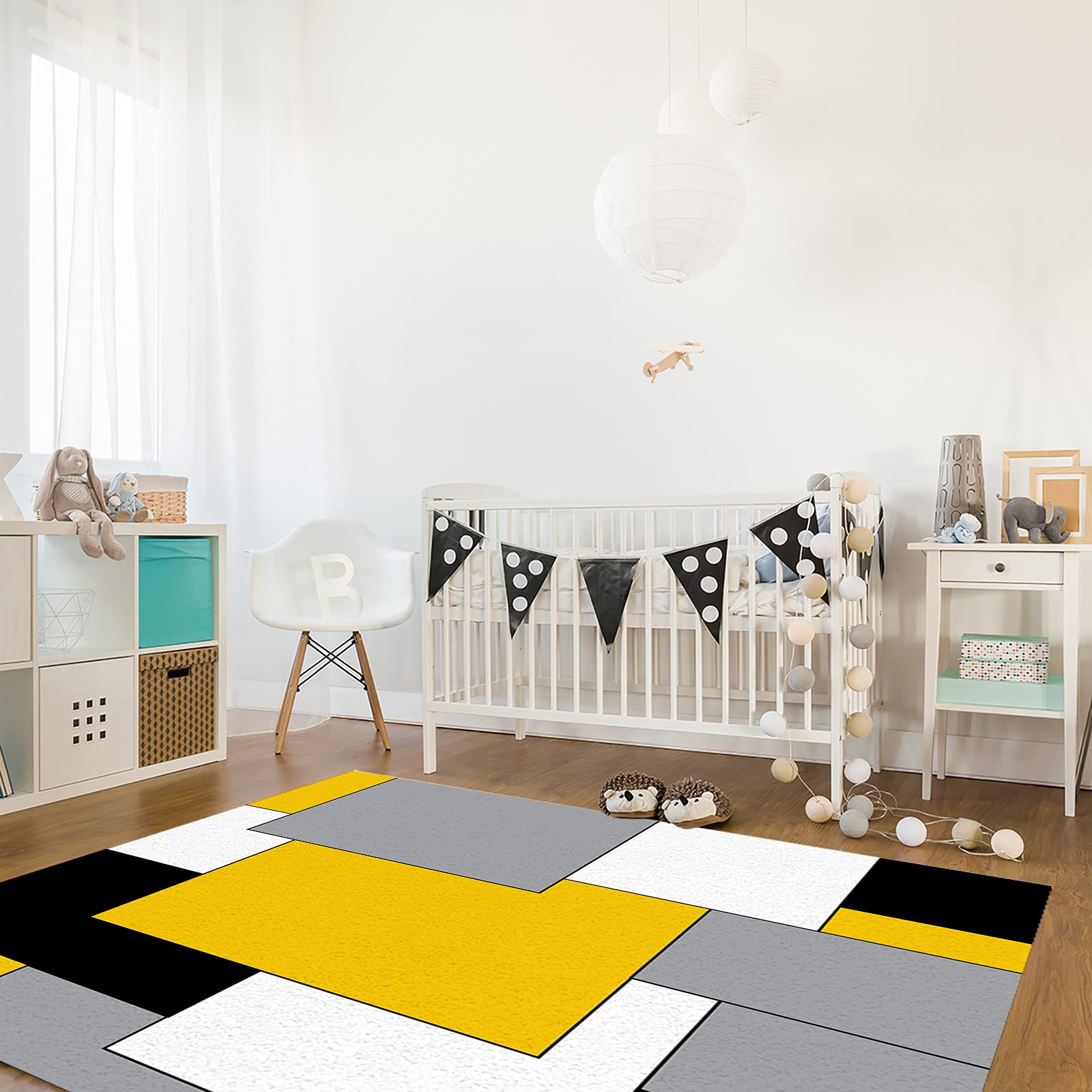 4x6ft Yellow Boho Geometric Area Rug - Non-Shedding Washable Carpet for Living Room, Bedroom & Kids Room Decor | Modern Black & Grey Aesthetic Rug for Home, Office & Dorm | Soft Comfy Floor Mat for Cozy Spaces