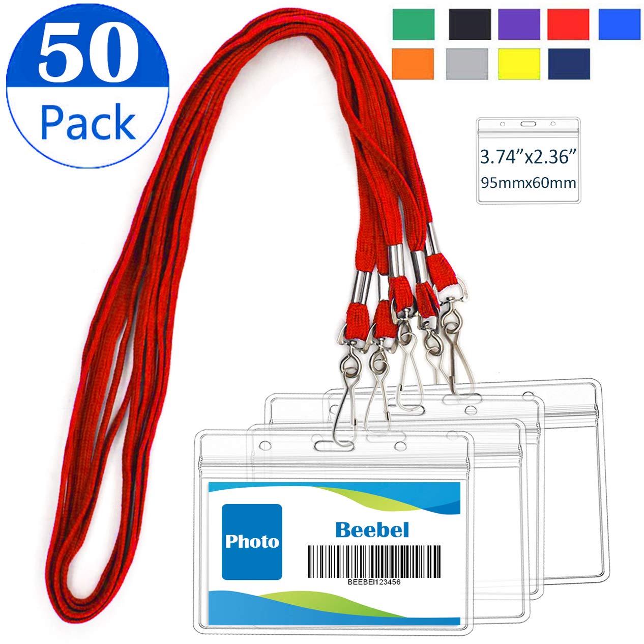Beebel Waterproof ID Card Holder & Lanyard Set - 50Pcs Clear Name Badges with 52Pcs Swivel Hook Lanyards (Red) for Office & Events