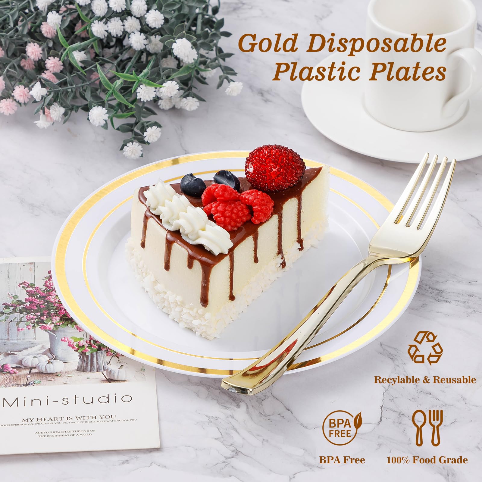 200PCS Gold Disposable Plastic Plates Set - 100 Dinner Plates & 100 Dessert Plates for Party, Wedding, Birthday Celebrations | Elegant Tableware for Events, Catering & Home Gatherings