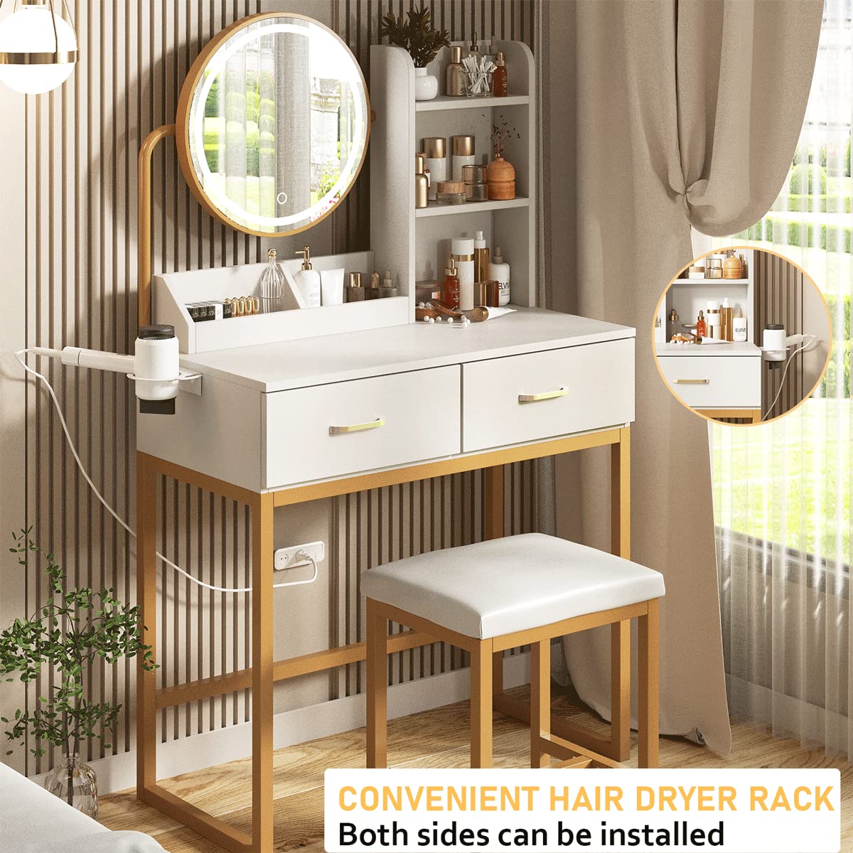 White Makeup Vanity Desk with Round Mirror & LED Lights - 3 Lighting Modes, Spacious Storage, 31.5