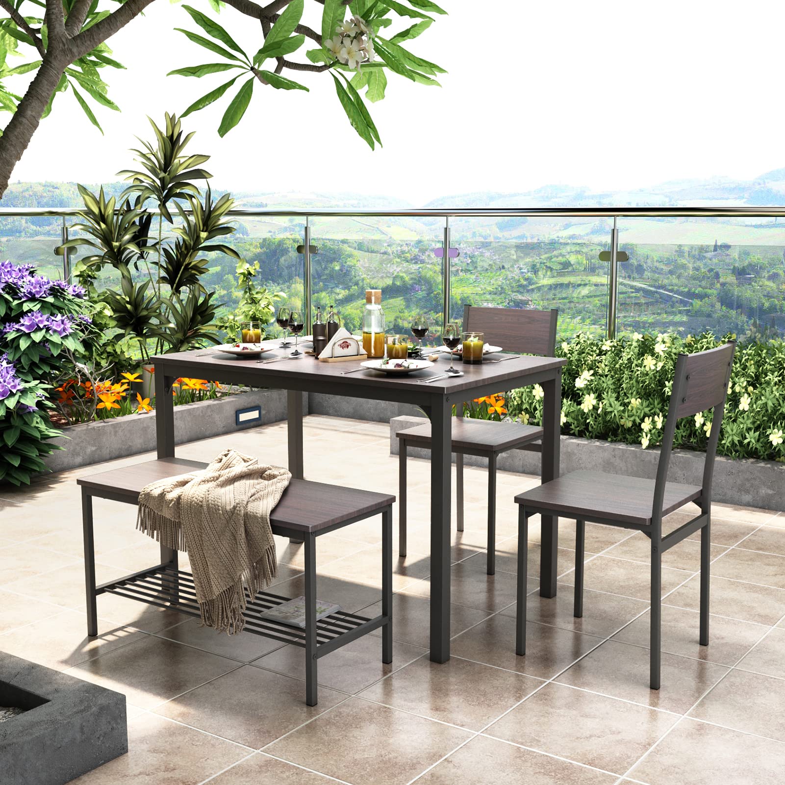 DLandHome 4-Piece Rustic Oak Dining Table Set with 2 Chairs & 2 Benches - Space-Saving Rectangular Kitchen Table for Small Homes & Apartments - Perfect for Family Dinners, Breakfast Nooks & Compact Dining Spaces