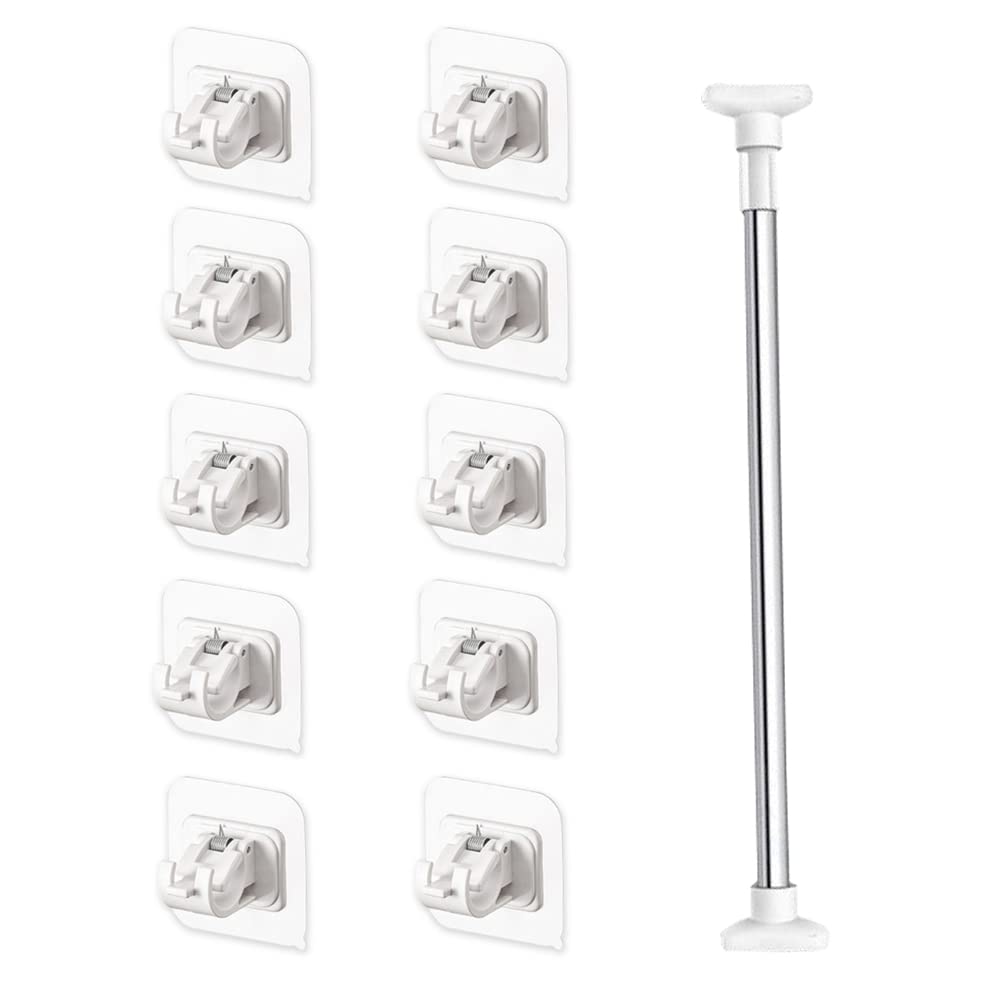 Vansza No Drill Curtain Rod Brackets - 10 Pack Self Adhesive Adjustable Hooks for Drapery, Towels & More - Strong Adhesive Wall Hooks for Bathroom, Kitchen, Bedroom & Hotel Use - White (Perfect for Renters & Damage-Free Home Decor)