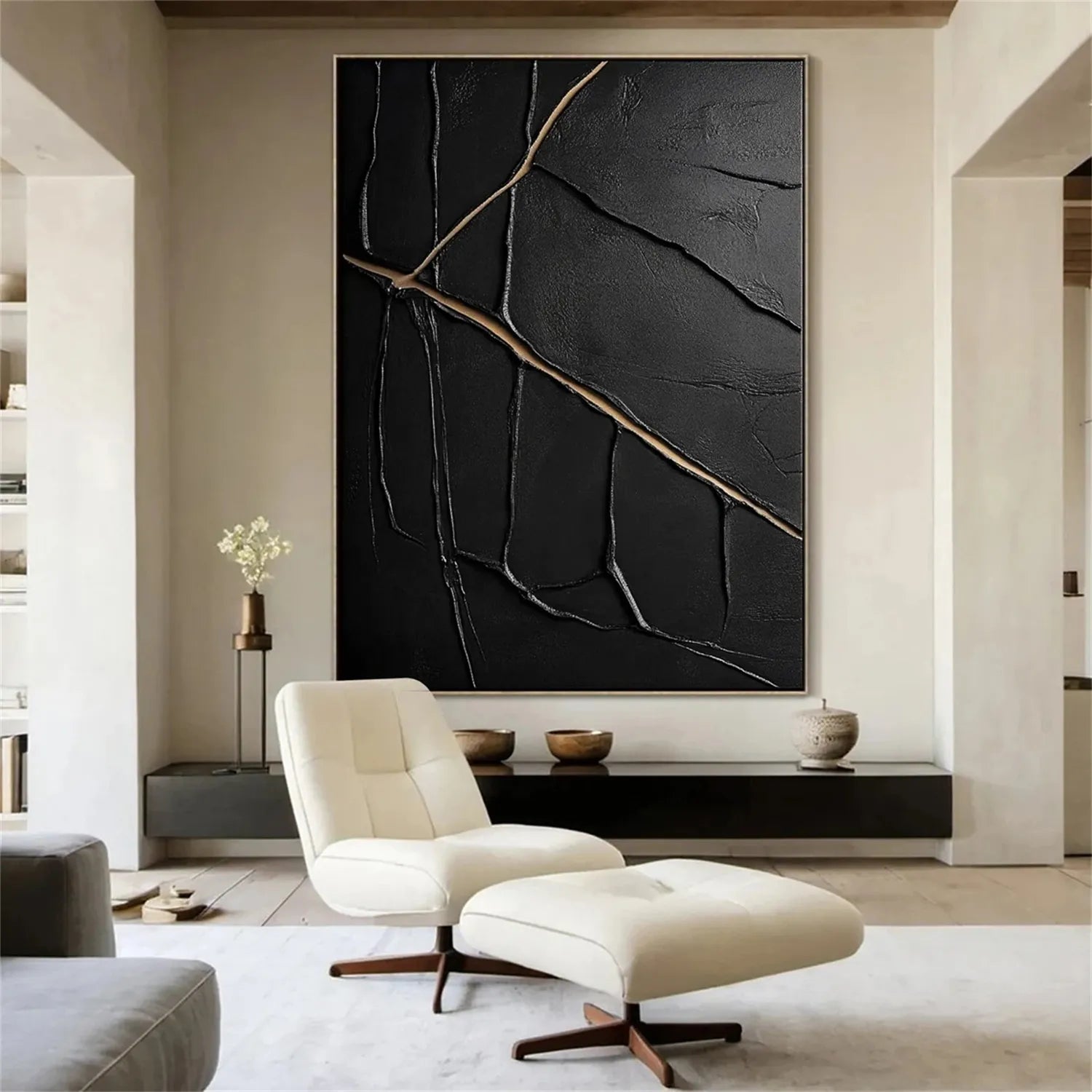 Black Gold Minimalist Textured Wall Art Painting #MZ137 - Modern Abstract Canvas Art for Living Room, Bedroom & Office Decor
