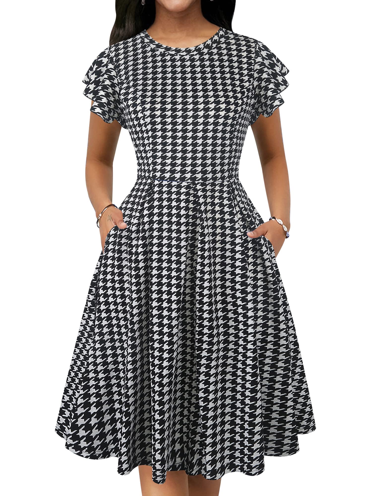 Oxiuly Women's Vintage Flare Sleeve Scoop Neck Church Dress with Pockets - Elegant Cocktail Party Dress for Wedding, Easter, Sunday Service & Special Occasions