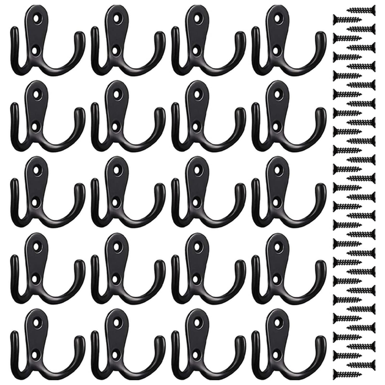 20PCS Double Prong Robe Hooks - Heavy Duty Wall Mounted Coat Hangers, Retro Metal Cloth Hooks for Bathroom, Bedroom & Entryway - Durable Black Wall Hooks for Robes, Coats & Towels - Space Saving Home Organization Solution