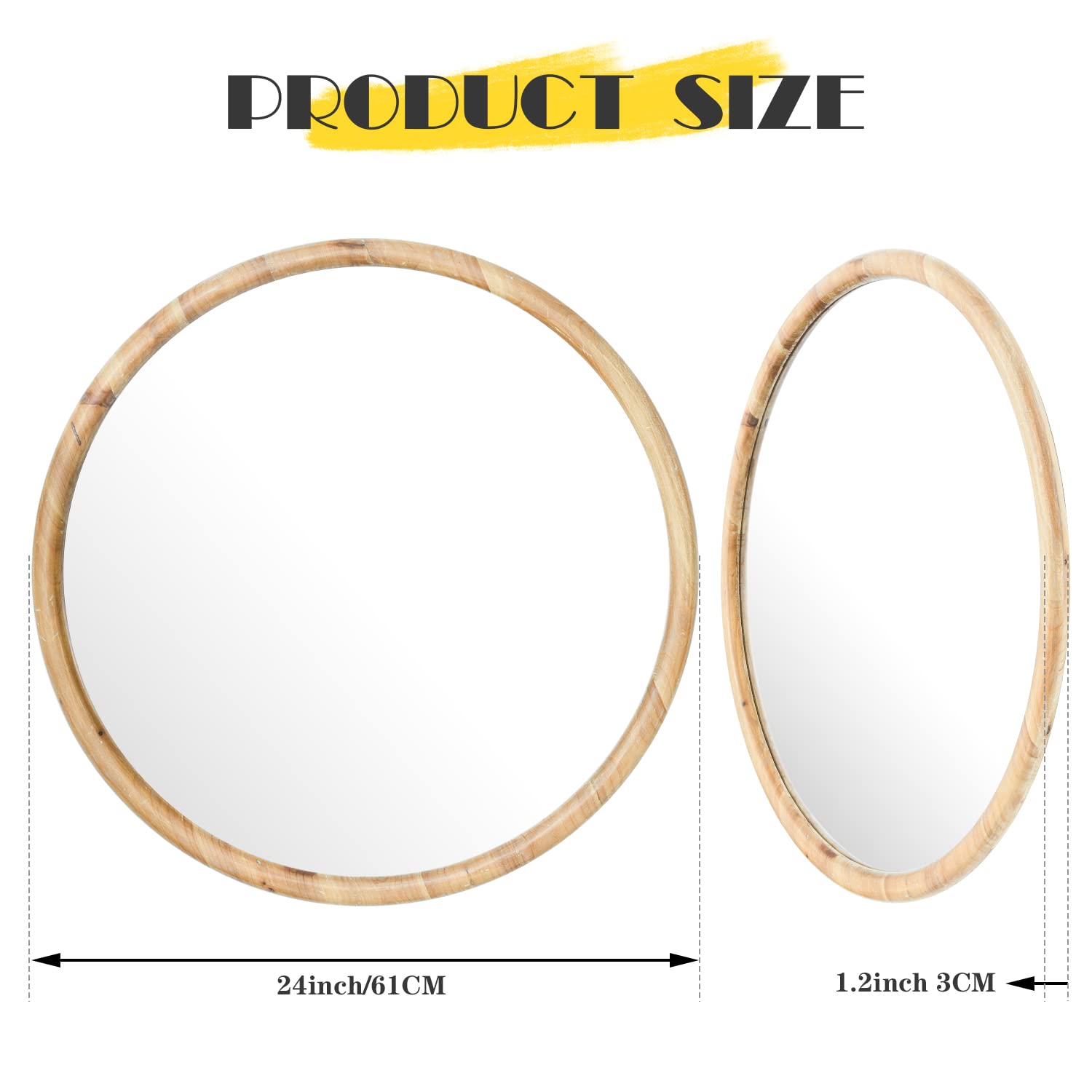Sawsile 24 Inch Natural Wood Round Mirror - Rustic Farmhouse Decorative Wall Mirror for Living Room, Fireplace, Hallway - Perfect for Home Decor & Cozy Spaces