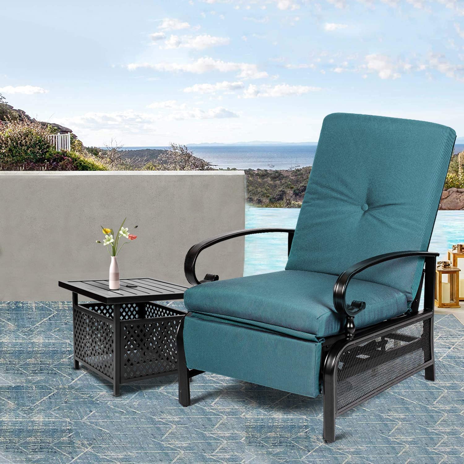 Crownland 2-Piece Outdoor Lounge Chair Set with Adjustable Reclining Patio Chairs & Umbrella Bistro Table - Durable Metal Furniture for Backyard, Poolside, Garden Relaxation