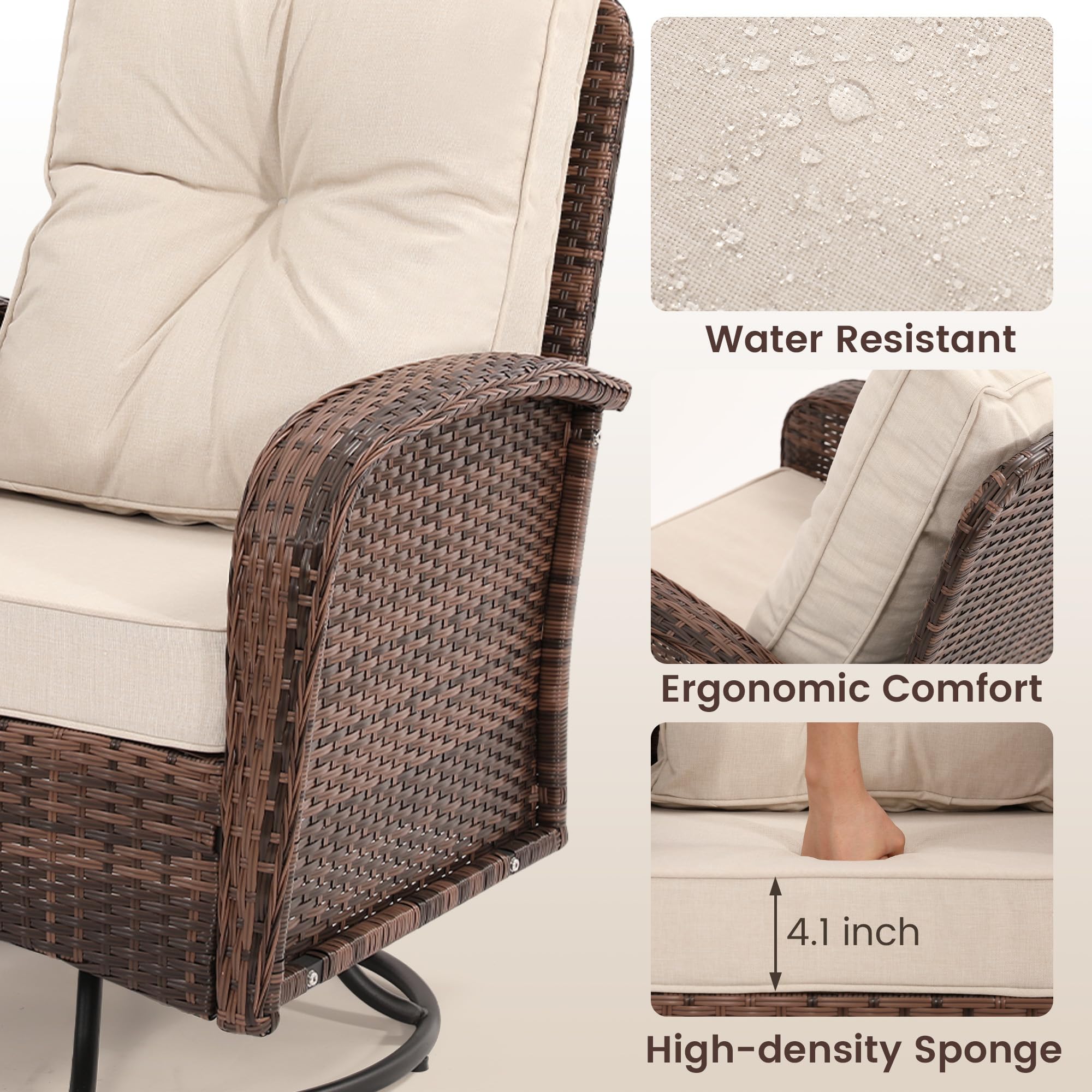 Kromax 3-Piece Patio Furniture Set - Outdoor Swivel Glider Rocker, Wicker Bistro Set with Rattan Rocking Chair & Glass Top Table - Thick Cushions for Porch, Deck, Garden or Backyard (Brown Rattan & Beige Cushion) - Perfect for Relaxing, Entertaining & Outdoor Dining