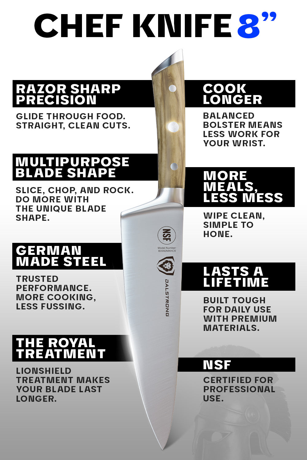 Dalstrong Gladiator Series 8-Inch Chef Knife with Olive Wood Handle - Professional Kitchen Knife for Slicing, Dicing & Chopping - Perfect for Home Cooks & Professional Chefs