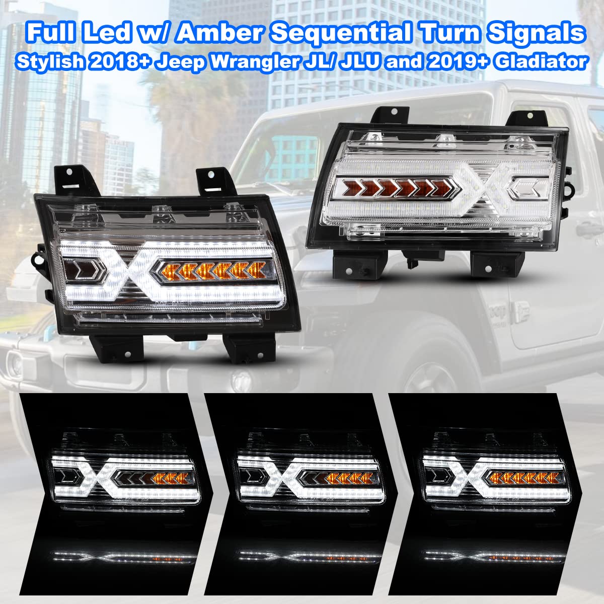 ROXX Full LED DRL Sequential Turn Signal Assembly for 2018-2024 Jeep Wrangler JL & 2020-2024 Jeep Gladiator JT (Excludes Sport/Sport S Models) - LED Front Fender Lights with Daytime Running Light Kit - Upgrade Your Off-Road Adventure & Night Driving Safety