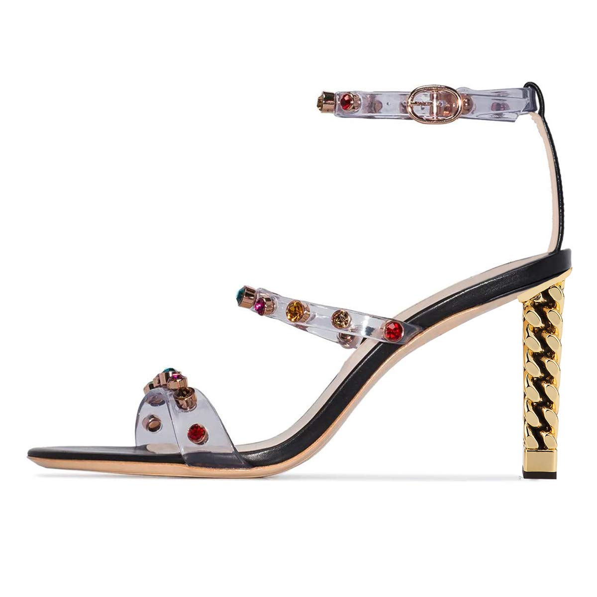 FSJ Women's Gold Metal Chain Thick High Heel Sandals - Open Toe Strappy Ankle Strap Slingback Dress Shoes - Comfortable Summer Heels for Weddings, Parties & Date Nights (US Sizes 4-15)