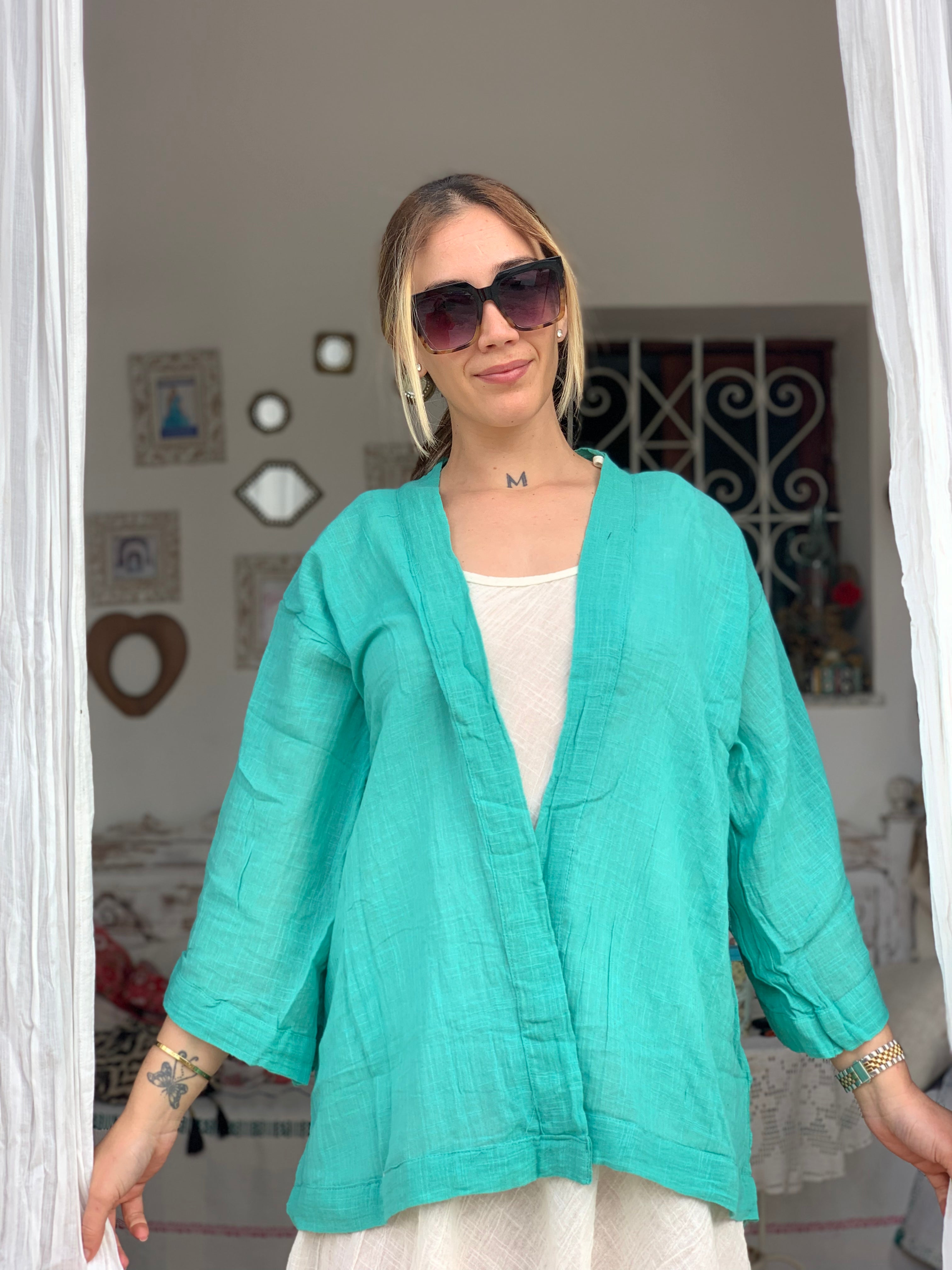 Turquoise Ibiza Boho Short Kimono - Lightweight Summer Cover-Up for Beach, Pool & Music Festivals