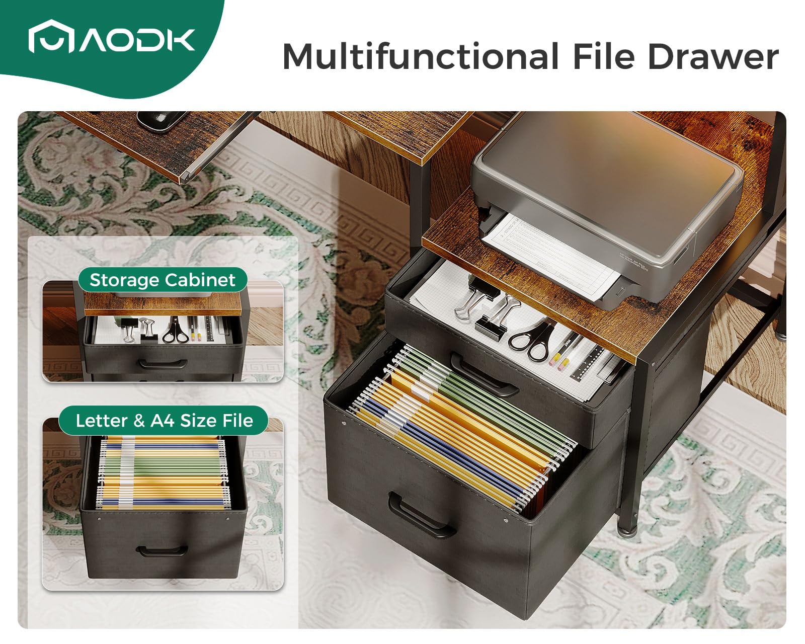 AODK 55 Inch Modern Computer Desk with Fabric File Cabinet & Drawers - Reversible Office Desk with Built-in Power Outlet & LED Lighting - Study Desk with Printer Stand, Keyboard Tray & Monitor Riser - Vintage Style Home Office Furniture for Small Spaces & Gaming Setups