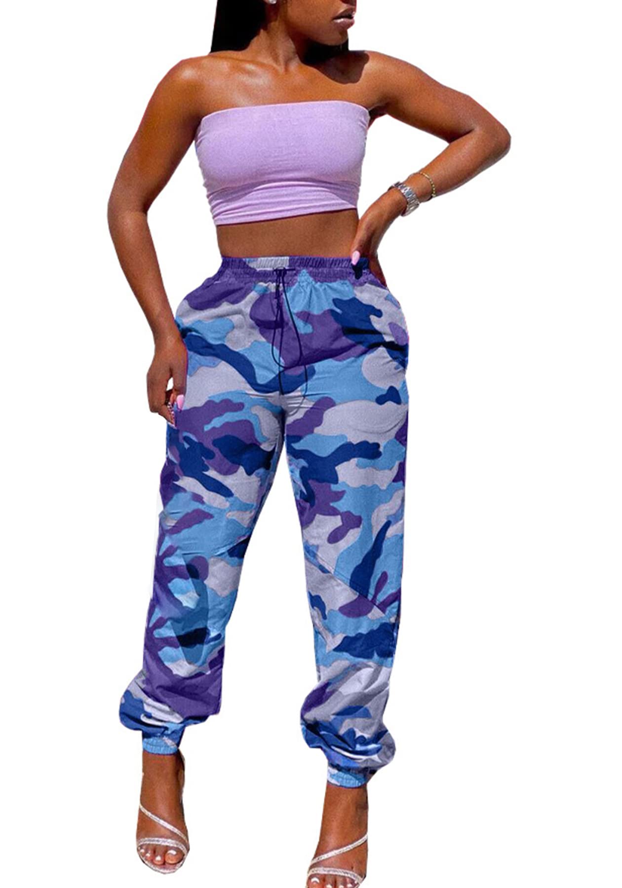 LAJIOJIO Women's Camo Cargo Pants - Plus Size Stretch Joggers with Drawstring Waist & Pockets | Military Style Camouflage Sweatpants for Casual Wear, Outdoor Activities & Workout