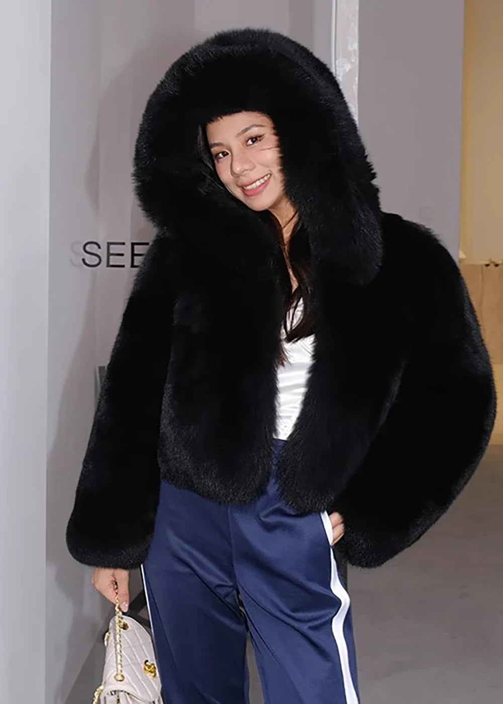 Luxury Faux Fur Coat for Women - Soft Warm Hooded Jacket, Vintage Style Winter Outerwear for Casual Outings & Holiday Parties