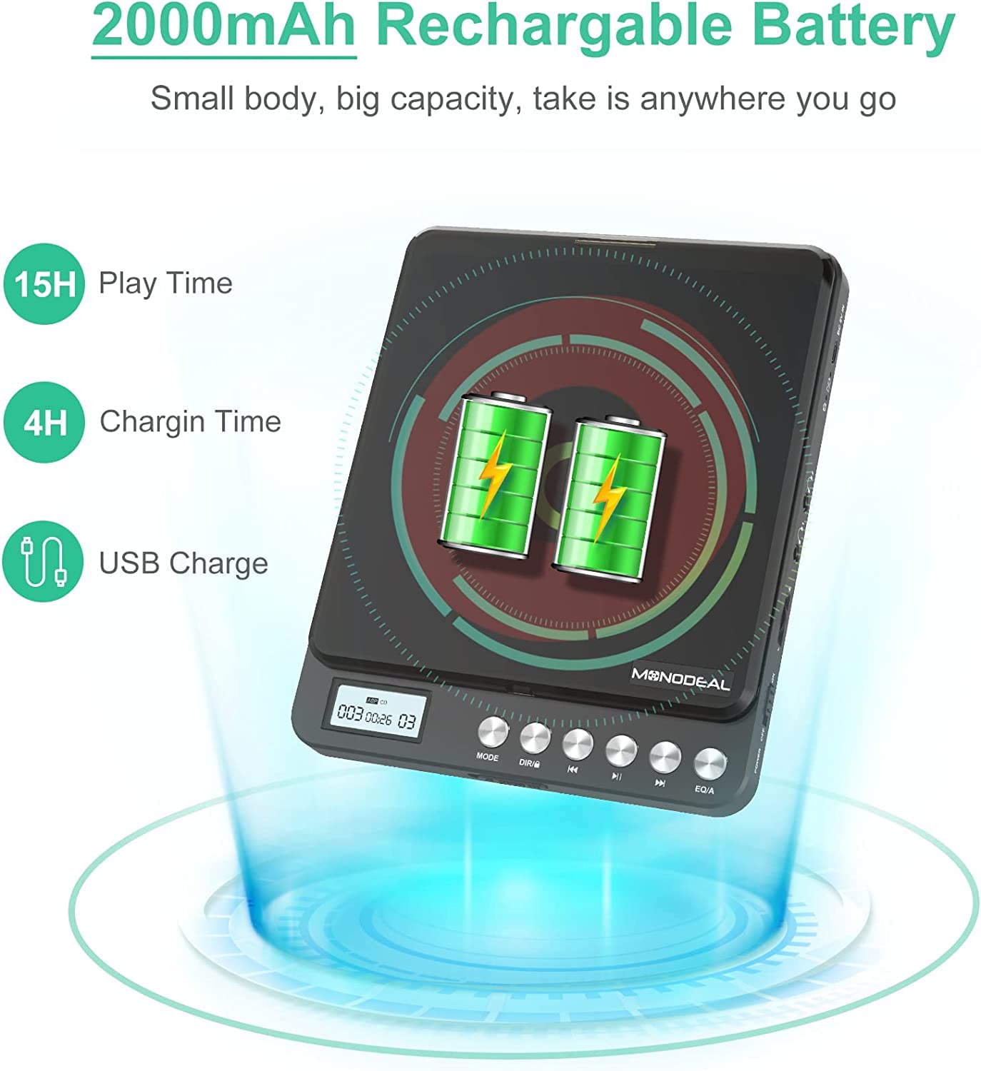 Portable CD Player with Built-in Speakers & Rechargeable Battery - Anti-Skip Shockproof Personal CD Player with Dual 3.5mm Headphone Jacks & LCD Display - Perfect for Home, Car, Travel, Workouts and Outdoor Activities