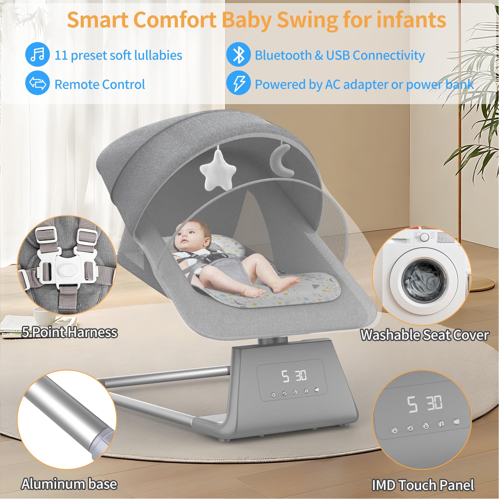 **Baby Swing for Infants & Toddlers - Portable Indoor Baby Bouncer with Remote, 11 Lullabies, 5 Speeds & Large Screen - Perfect for Nursery, Playtime & Soothing Newborns (Baby Boy & Girl)**