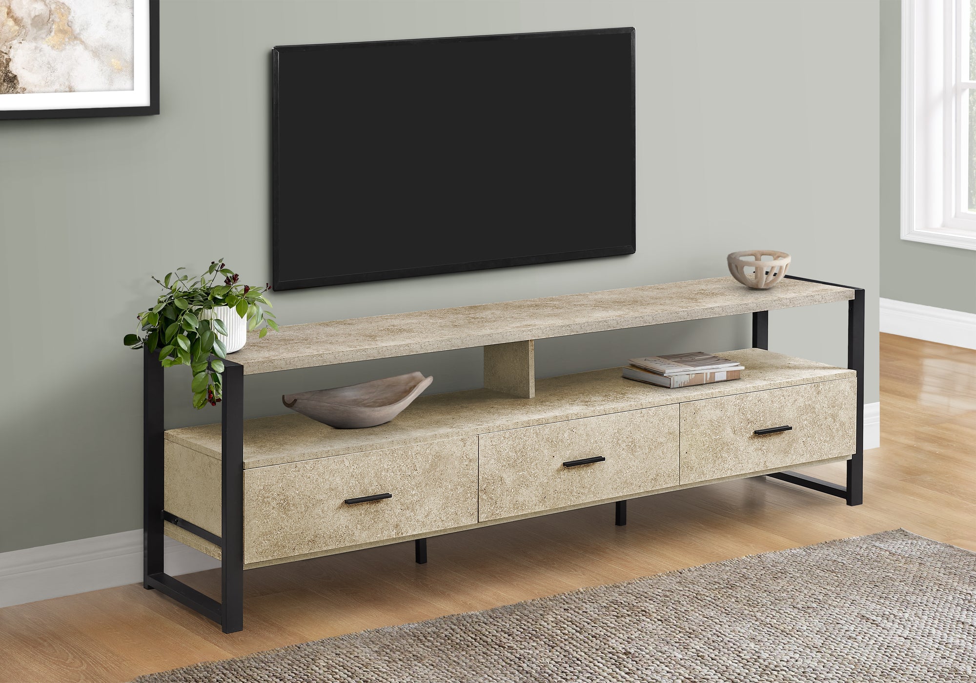 72 Inch Cream Stone Laminate TV Stand with Storage Drawers - Modern Entertainment Center for Living Room, Bedroom & Home Theater - Sturdy TV Console with Ample Storage Space