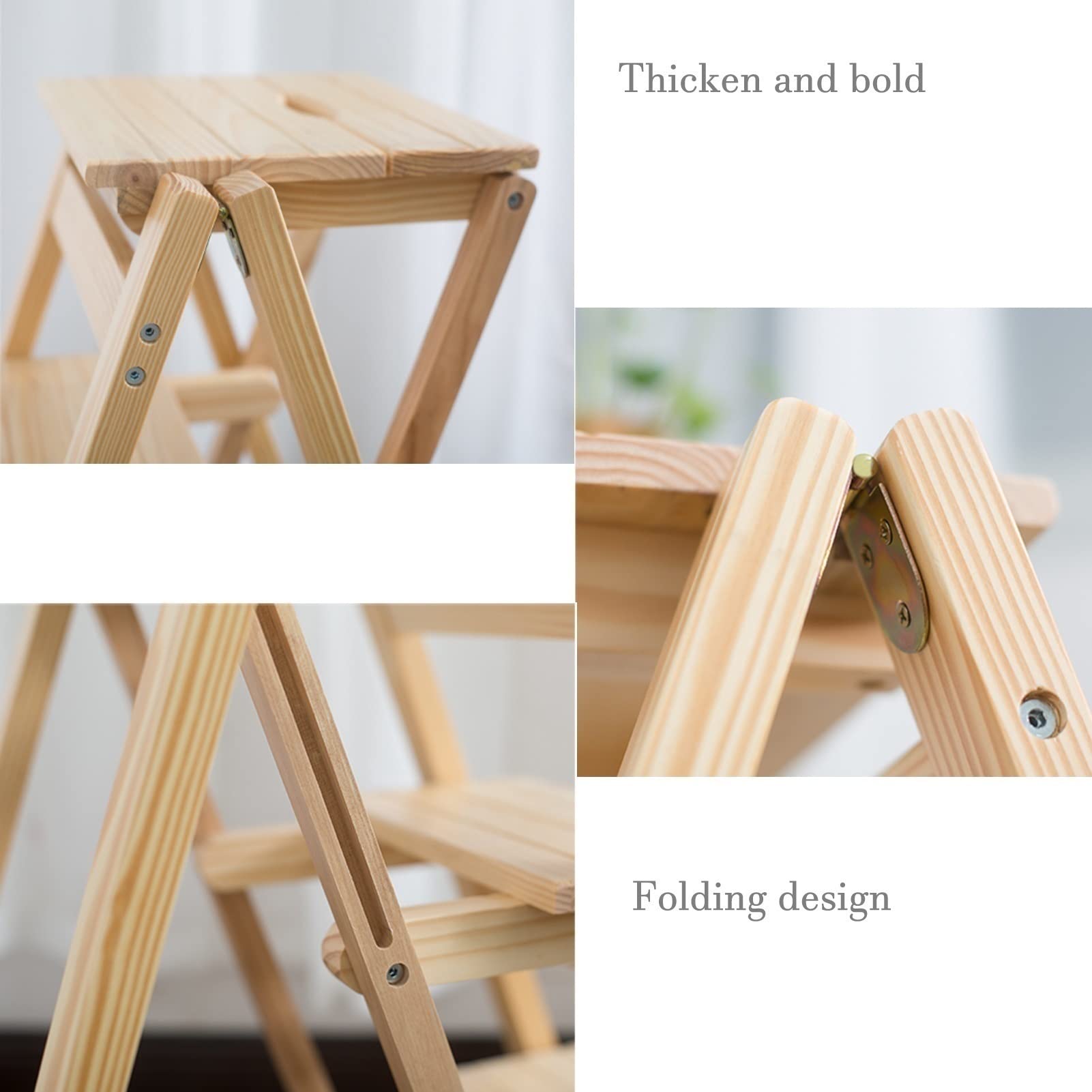 2 Step Ladder Stool Chair - Portable Folding Wooden Step Stool for Home, Office & Warehouse - Multi-Functional as Bookshelf, Plant Stand - Perfect for Kitchen, Bathroom, Closet & Gardening Use