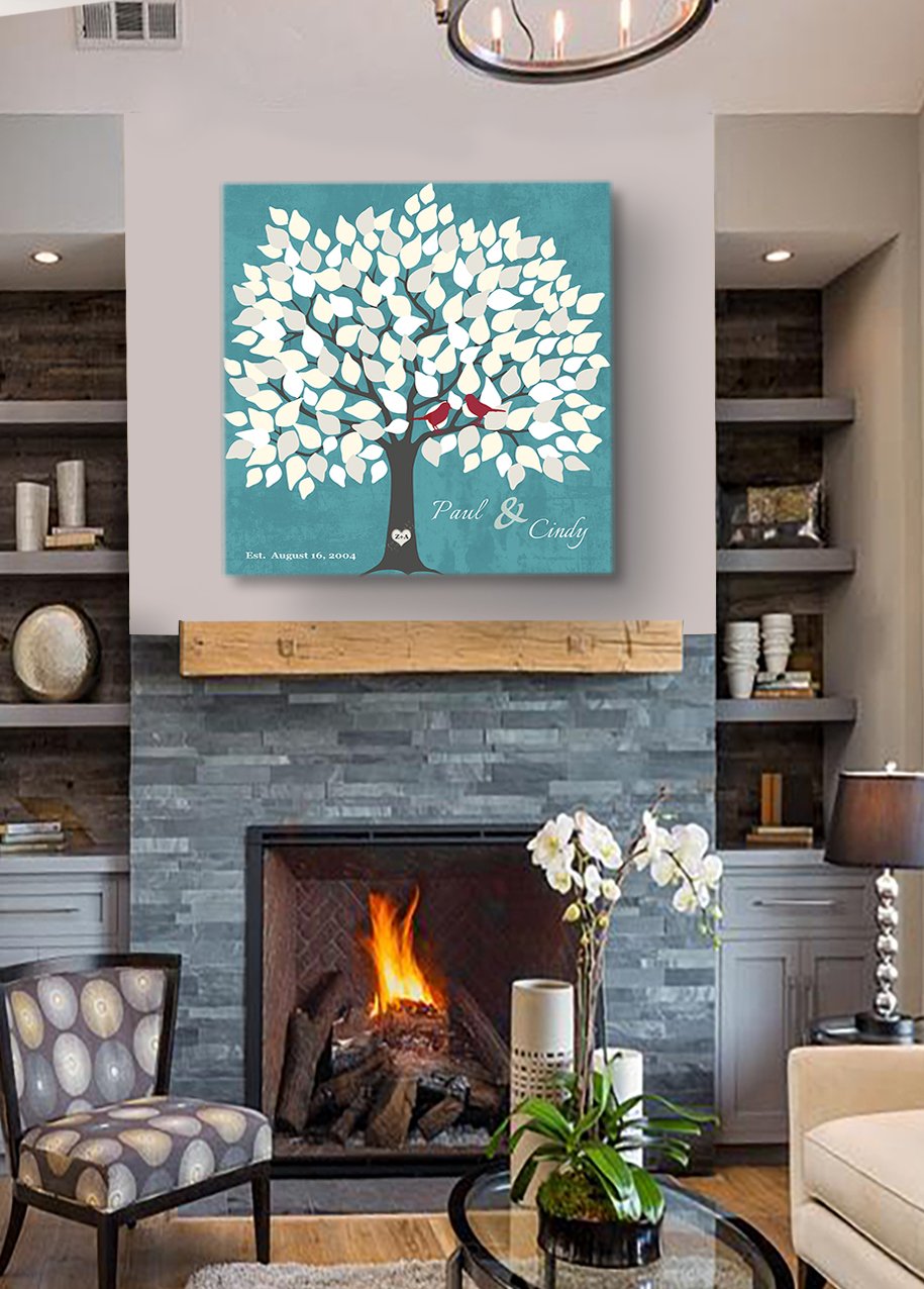 Personalized Wedding Tree Guest Book - Unique & Memorable Alternative for 100-150 Signatures - Canvas Wall Art Decor - Bridal Shower Gift - Turquoise - 20x20 Inches - Perfect for Wedding Receptions, Anniversary Parties & Home Decor