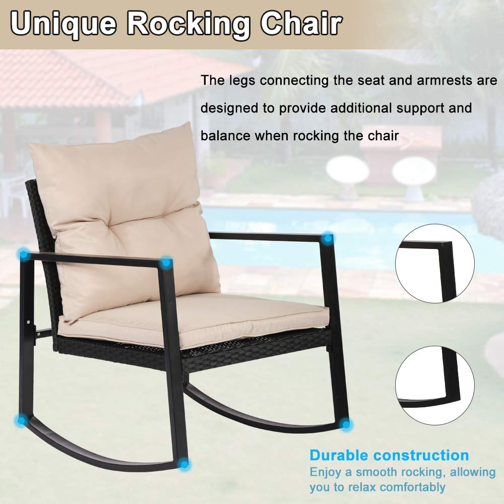 DKeli 3-Piece Outdoor Rocking Chair Set - Modern Wicker Patio Furniture with Thick Cushions & Glass Coffee Table - Rattan Bistro Conversation Set for Backyard, Porch, Poolside, Garden, and Lawn Relaxation