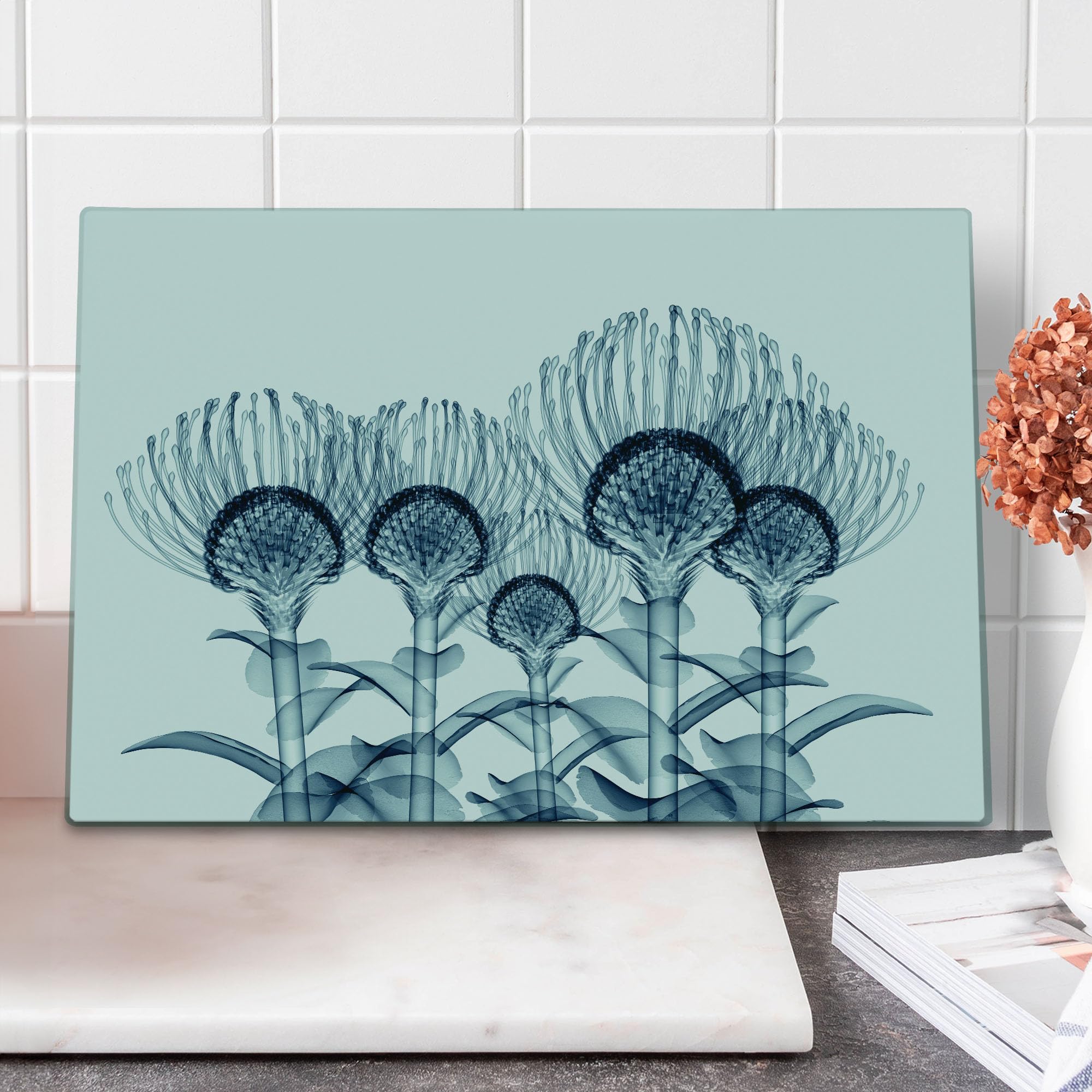 Lunarable Floral Glass Cutting Board - Exotic Plants X-Ray UV Print, Large Tempered Glass Serving Board for Kitchen & Entertaining, Teal & White - Perfect for Cheese, Charcuterie & Party Platters