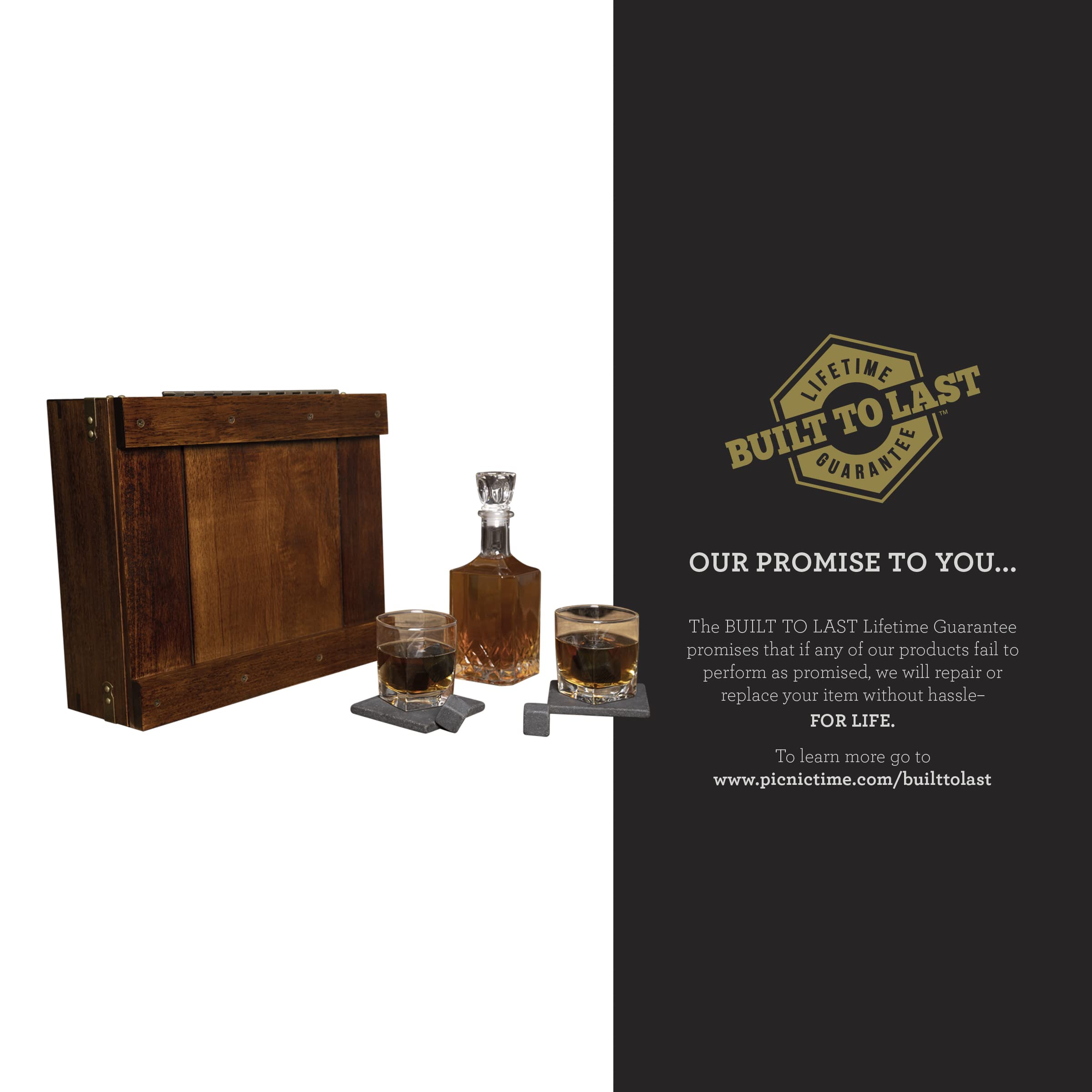 PICNIC TIME Whiskey Gift Set with Wooden Box & Glass Decanter - 14.8