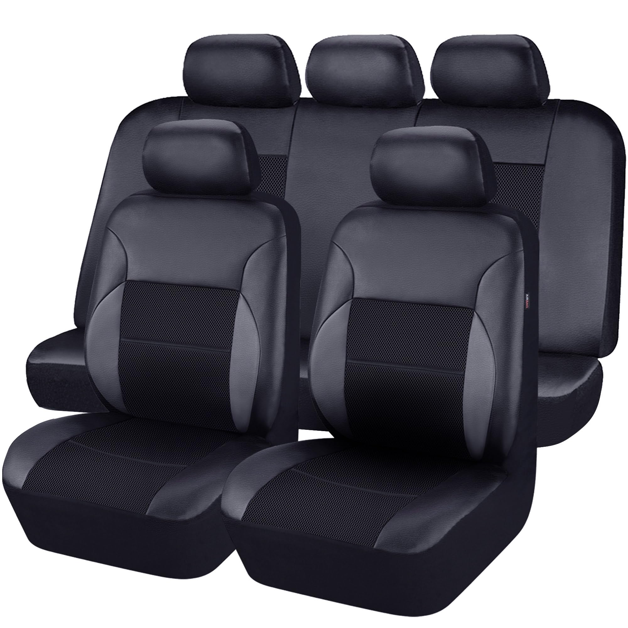 Premium Luxury Leather Air Mesh Car Seat Covers Full Set - Breathable Universal Fit for Sedan, SUV & Truck - 5mm Composite Sponge & Airbag Compatible (Black) | Perfect for Daily Commute, Road Trips & Hot Weather Driving