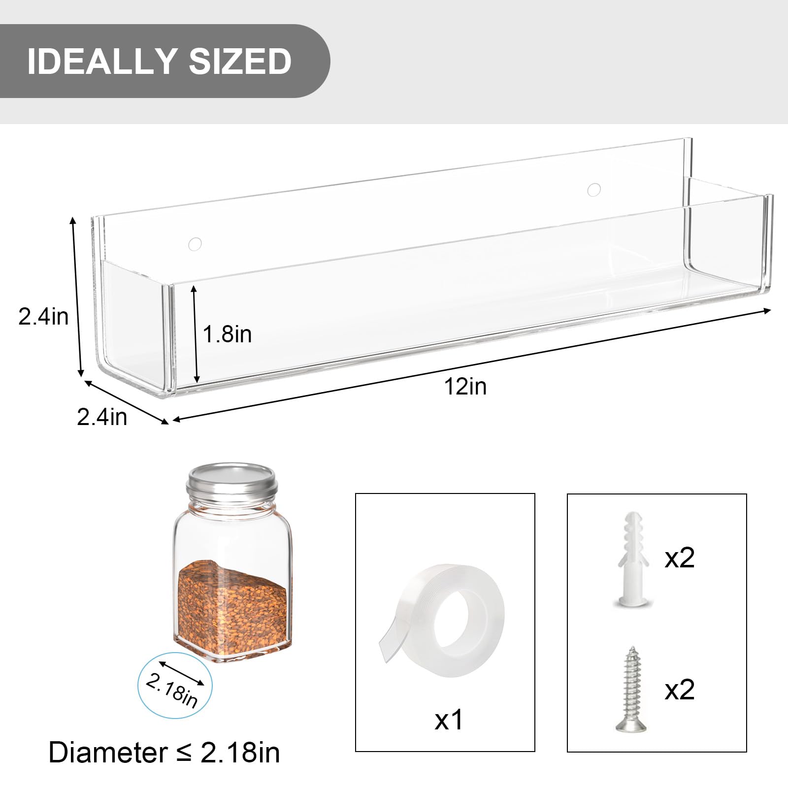 PMMASTO Clear Acrylic Spice Rack Organizer - 2 Pack with Nano Double Sided Tape | Wall Mount Kitchen Cabinet & Pantry Door Storage | Perfect for Spice Jars, Seasoning Bottles & Small Kitchen Essentials
