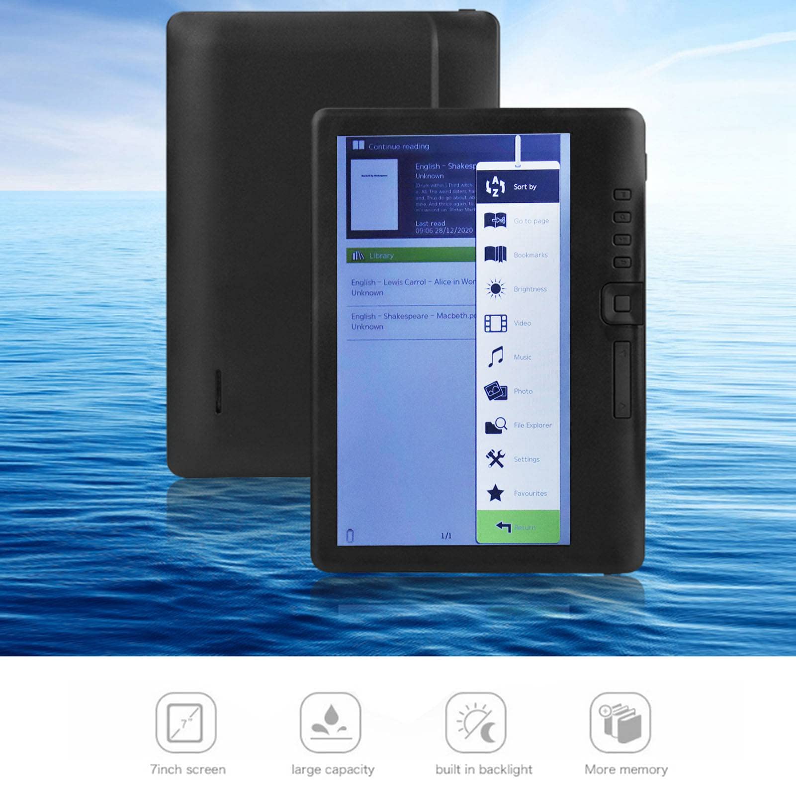 7in Waterproof HD Color E-Reader with 16:9 Screen, Navigation Buttons & 8GB Storage - Includes Black Protective Case - Perfect for Beach Reading, Commuting, and Nighttime Reading