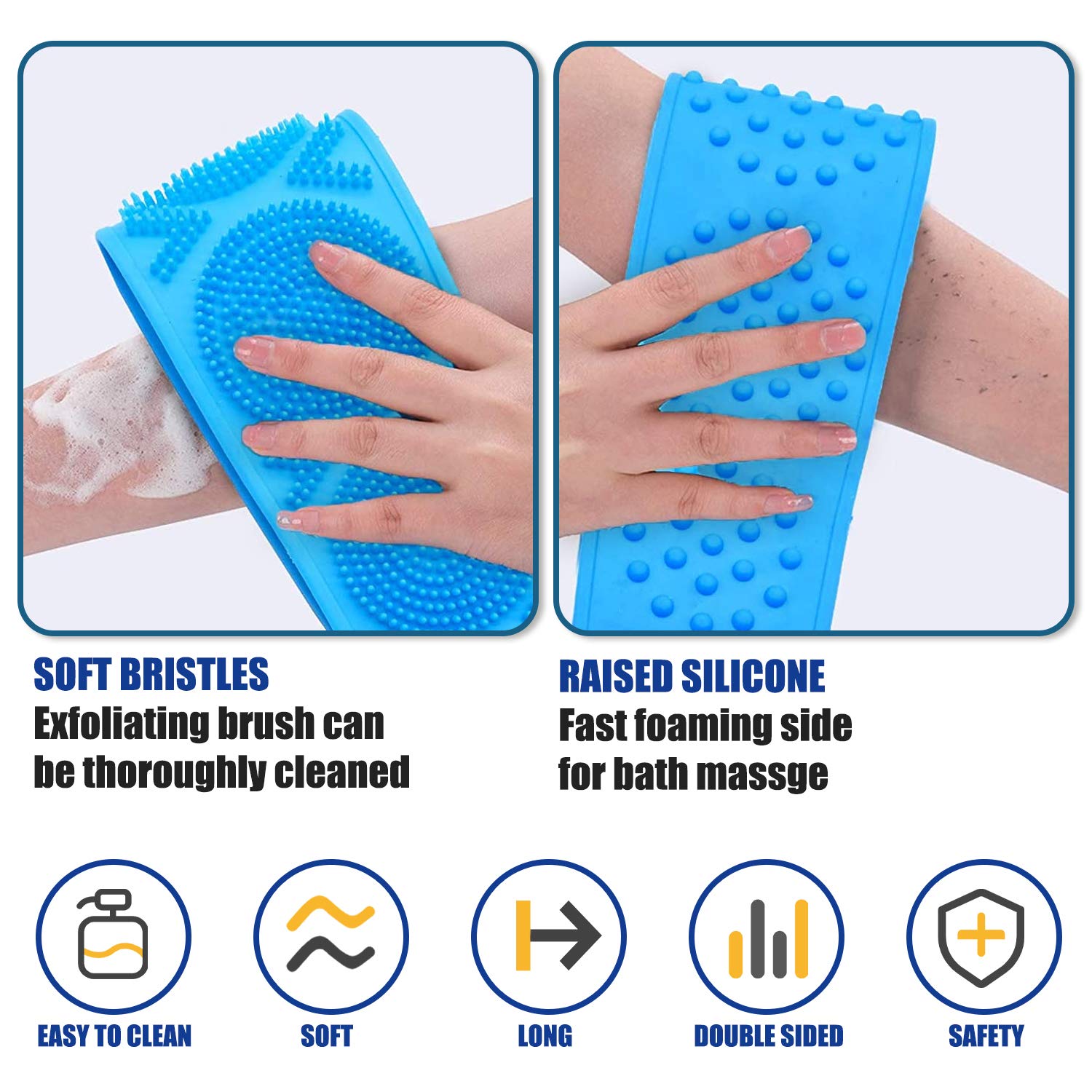 Exfoliating Silicone Bath Body Brush - Double-Sided Shower Brush with Handle for Deep Cleansing & Massage | Easy Foaming Back Scrubber for Men & Women | Perfect for Exfoliation, Dry Brushing & Spa Days (Multicolor)