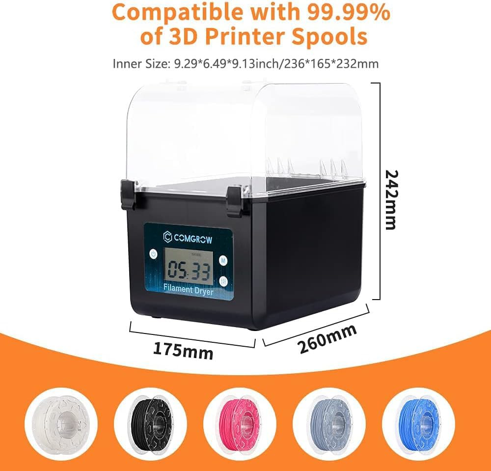 Comgrow Upgraded 3D Printer Filament Dryer Box - Large Capacity 2KG Filament Dehydrator for PLA, PETG, TPU, ABS - Compatible with 1.75mm & 2.85mm Filament | Perfect for 3D Printing, Storage & Moisture Protection