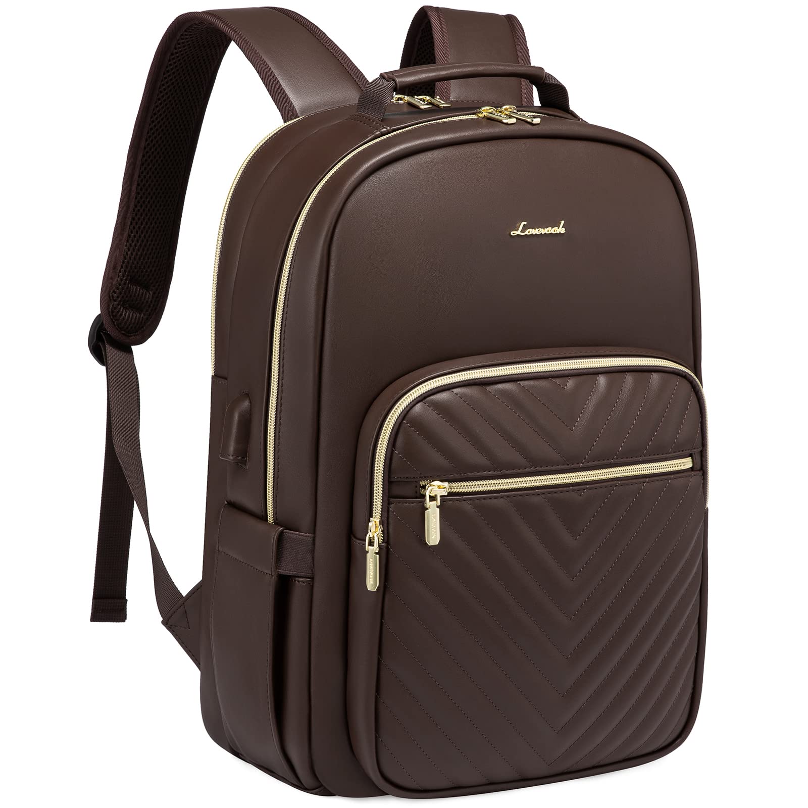 LOVEVOOK Women's Leather Laptop Backpack - Stylish Large Capacity Travel Bag, Waterproof Work Backpack with USB Port, Fits 15.6 Inch Laptop - Perfect for Office, College, Commuting & Weekend Getaways (Coffee)