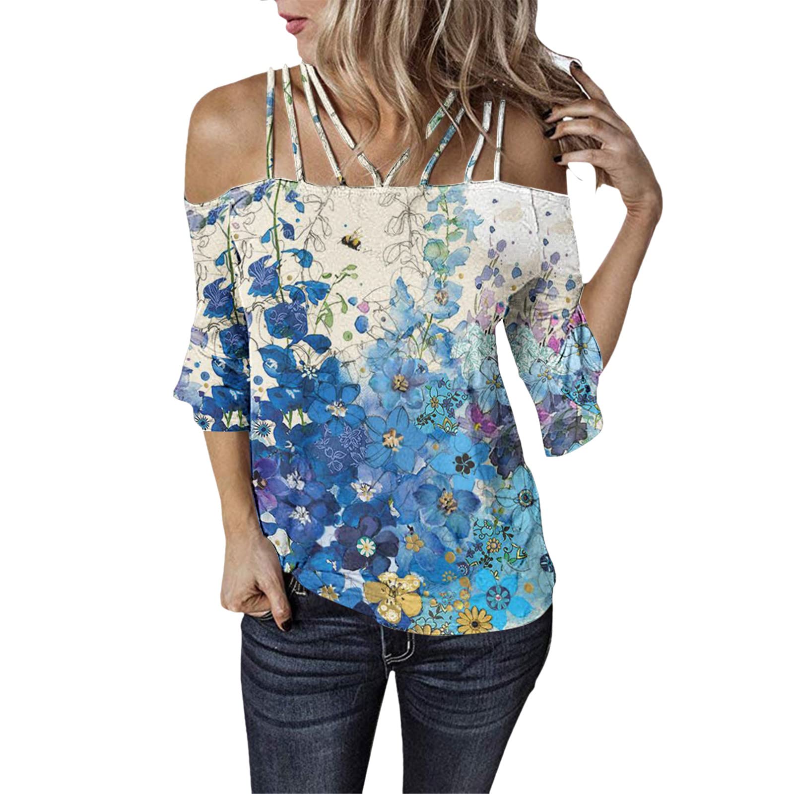 Women's Casual Off Shoulder T-Shirt - Spaghetti Straps Cold Shoulder Blouse with Half Sleeves | Perfect for Summer Outfits, Beach Wear, and Casual Dates