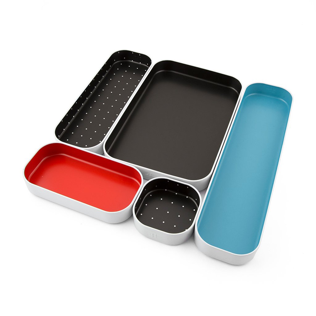 5-Piece Metal Organizer Tray Set for Makeup, Stationery & Utensils - Office Desk, Kitchen & Bathroom Drawer Storage (1 Inch, Blue Black Red Dots) - Perfect for Home, Office & Vanity Organization
