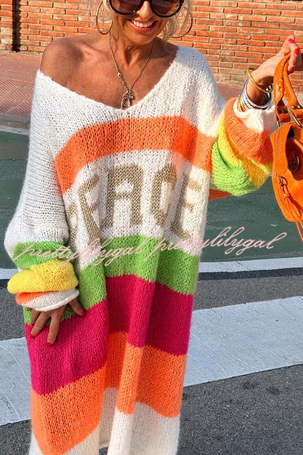 True Faith Knit Peace Pattern Color Blocks Loose Midi Sweater Dress - Cozy Casual Wear for Fall & Winter, Perfect for Office, Date Night and Weekend Outings
