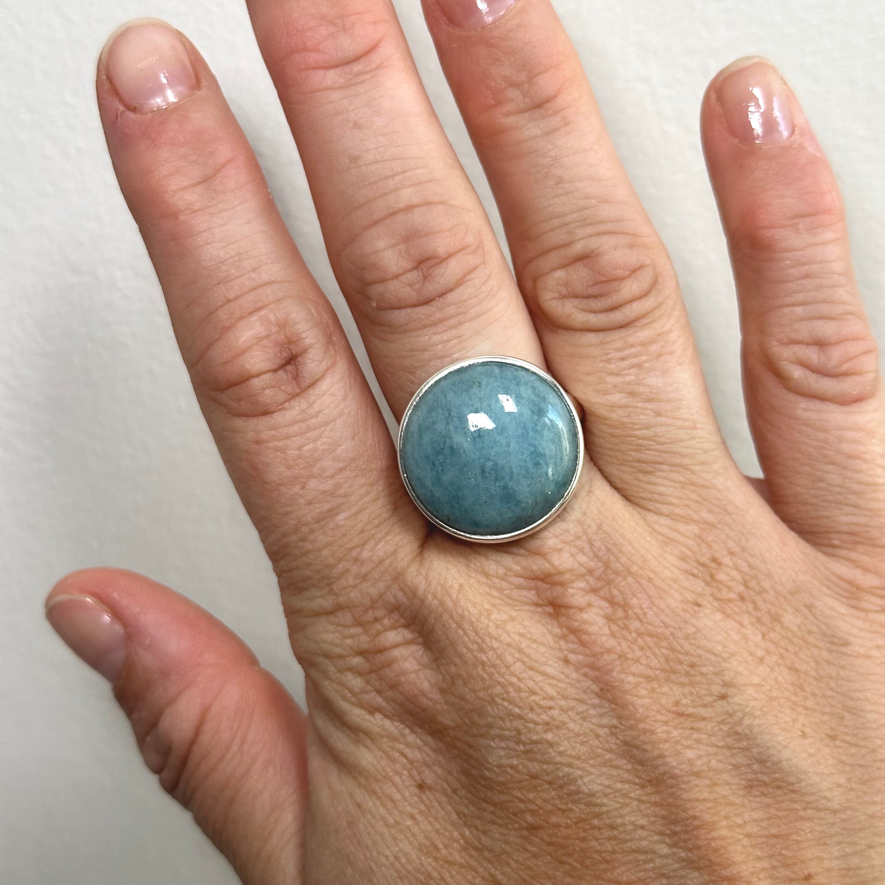 Natural Aquamarine Round Cabochon Ring - Size 12 (India Origin) - Handmade Sterling Silver Jewelry for Women - Perfect for Weddings, Anniversaries & Special Occasions