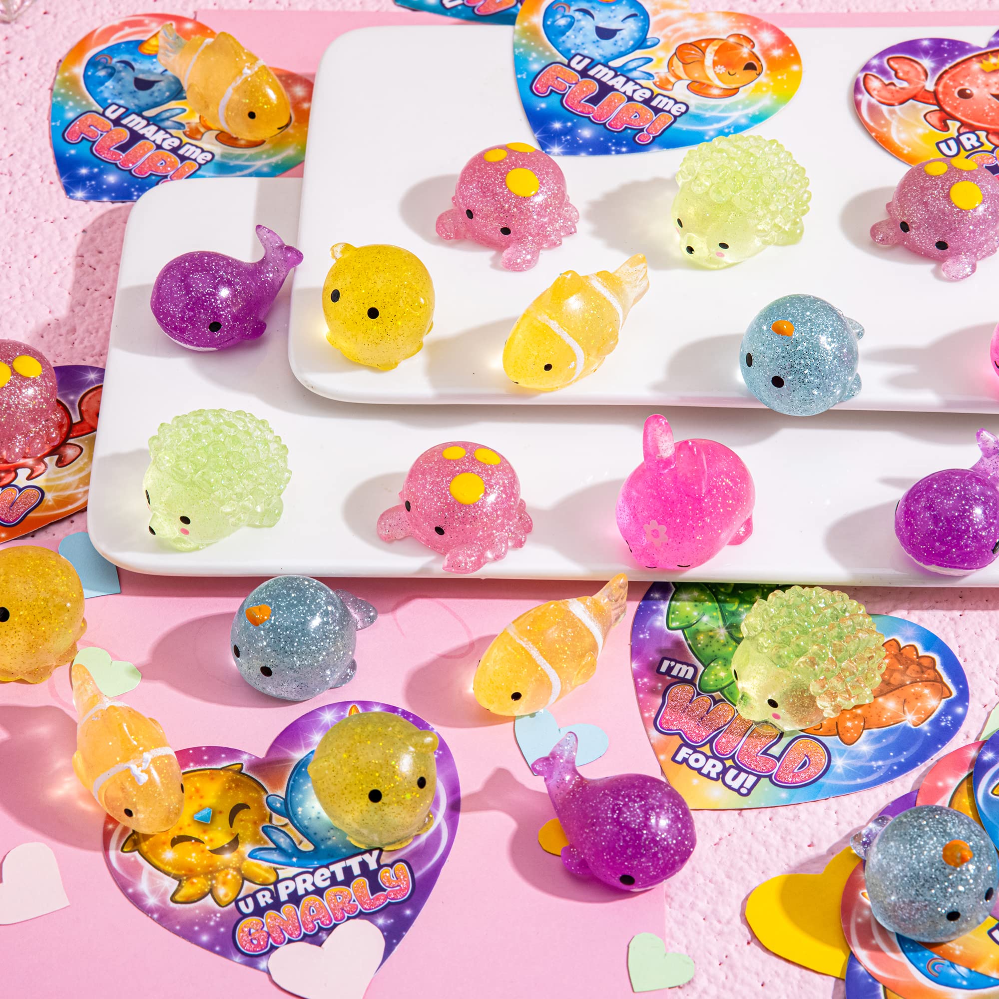 JOYIN 28 Pcs Glitter Mochi Squishy Toys - Cute Sea Animal Stress Relief Fidget Toys for Kids, Party Favors & Classroom Prizes | Sensory Play, Anxiety Relief & Fun Exchange Gifts